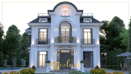 Facciata di Villa Neoclassica con Decorazioni Polure