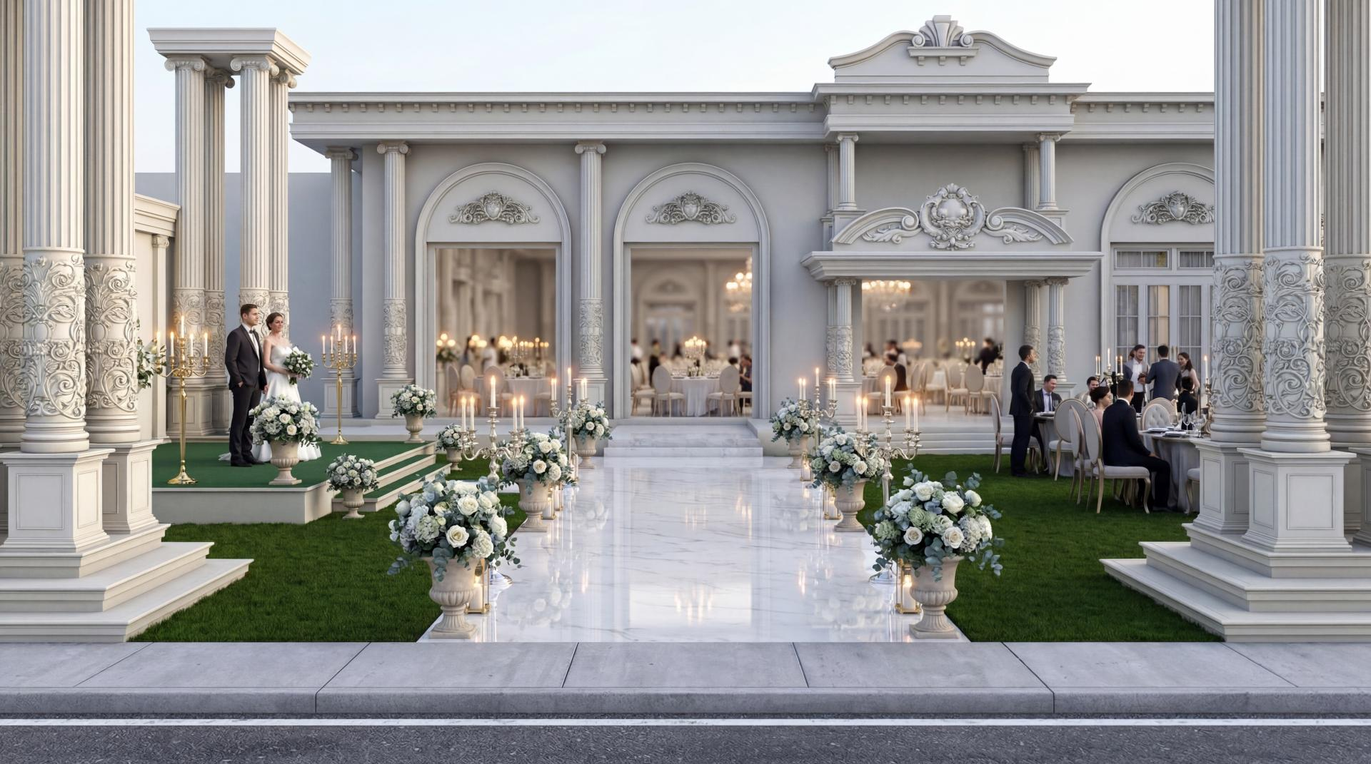 Design esterno neoclassico di una sala matrimoni di lusso con colonne Polure, finestre ad arco e decorazioni in poliuretano.
