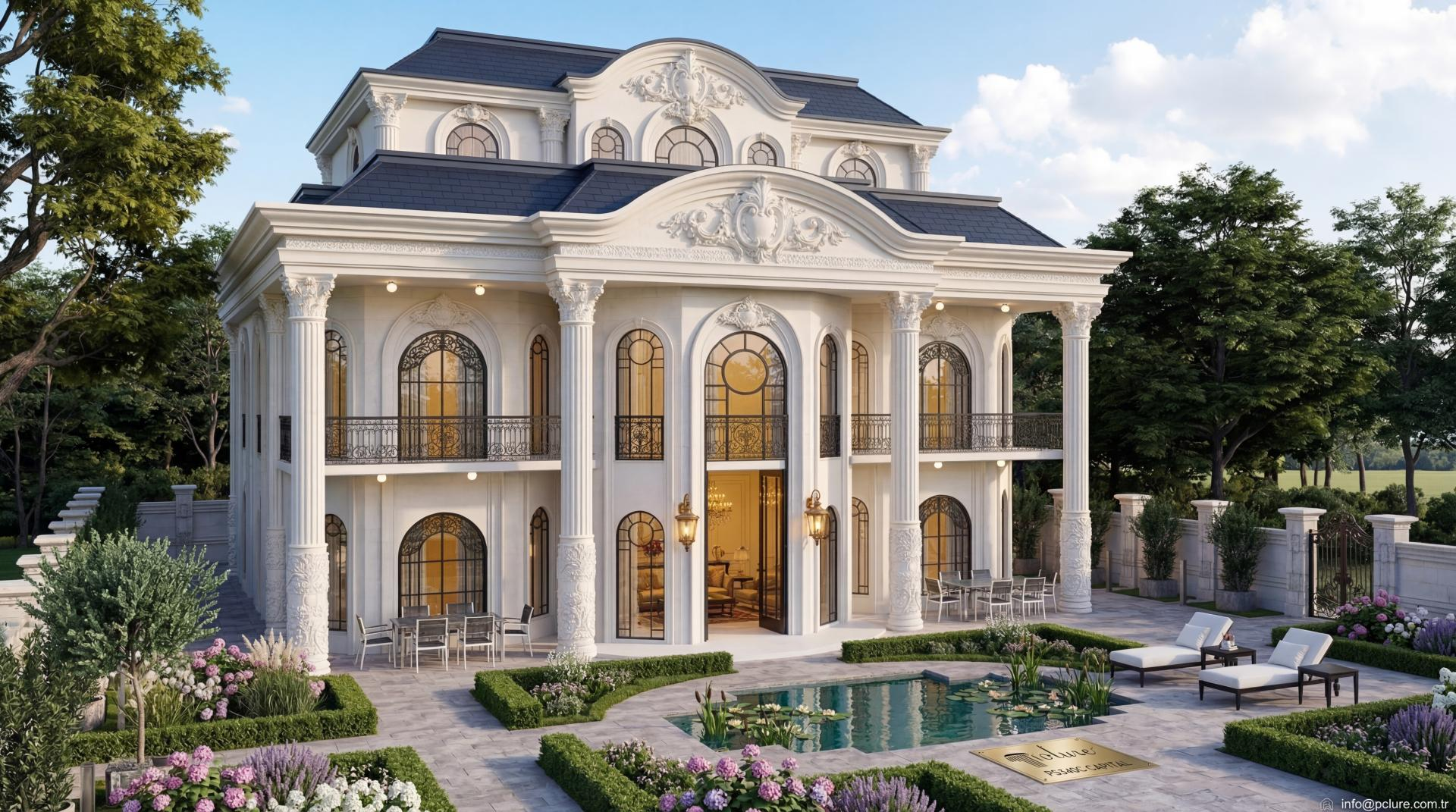 Esterno di villa neoclassica a Gaziantep con colonne, archi e modanature decorative Polure in poliuretano.