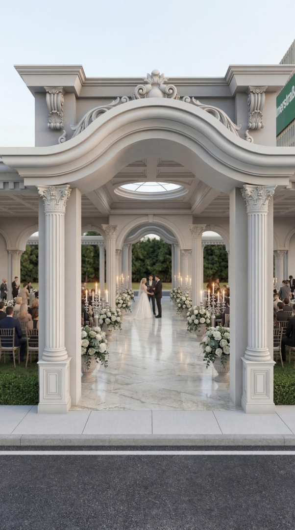 Elegante sala matrimoni con colonne corinzie in poliuretano Polure e archi decorativi in stile neoclassico bianco.