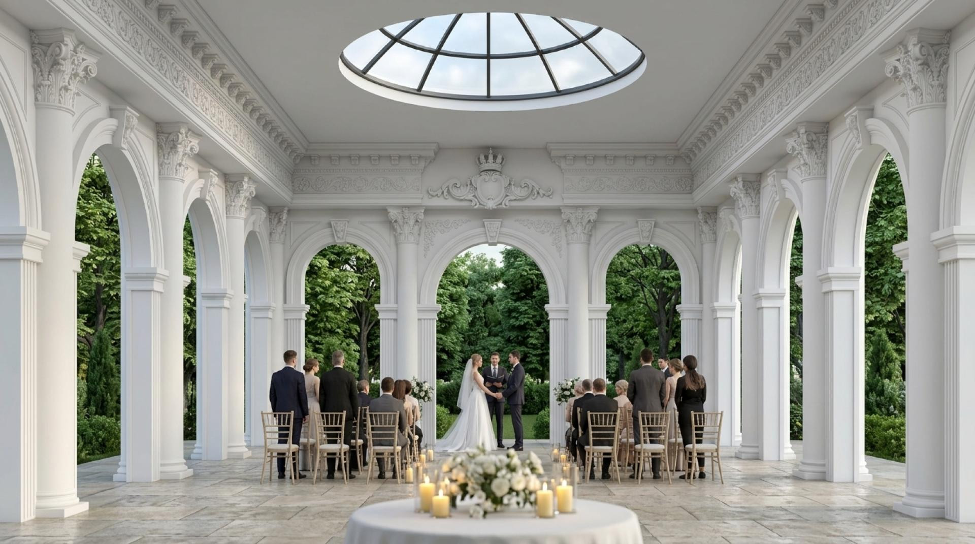Design di terrazza classica con colonne in poliuretano Polure con capitelli corinzi e sistemi di archi bianchi.