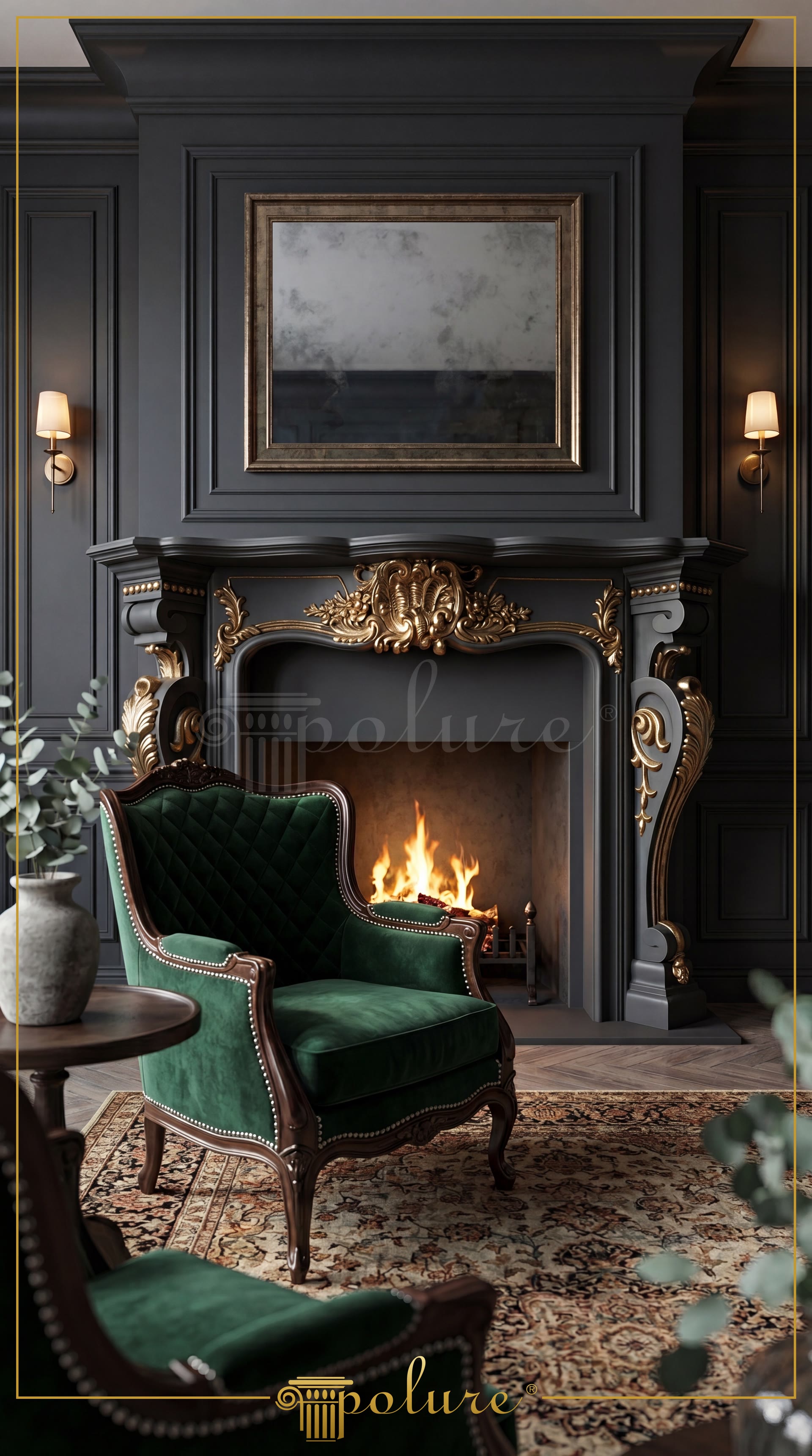 Salone classico con camino in poliuretano P8403 dorato, boiserie scure e poltrone in velluto verde smeraldo.