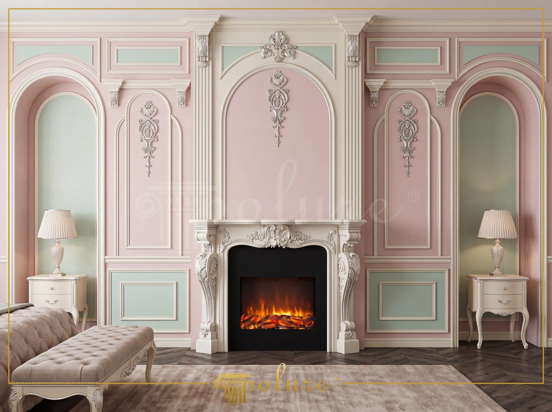 Salone classico con cornice per camino in poliuretano, boiserie rosa cipria e raffinati dettagli decorativi.