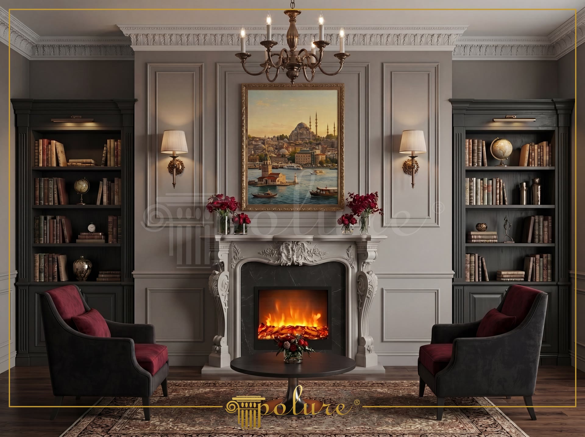Luxury classic living room design featuring a polyurethane fireplace, elegant wall mouldings, library, and red armchairs.