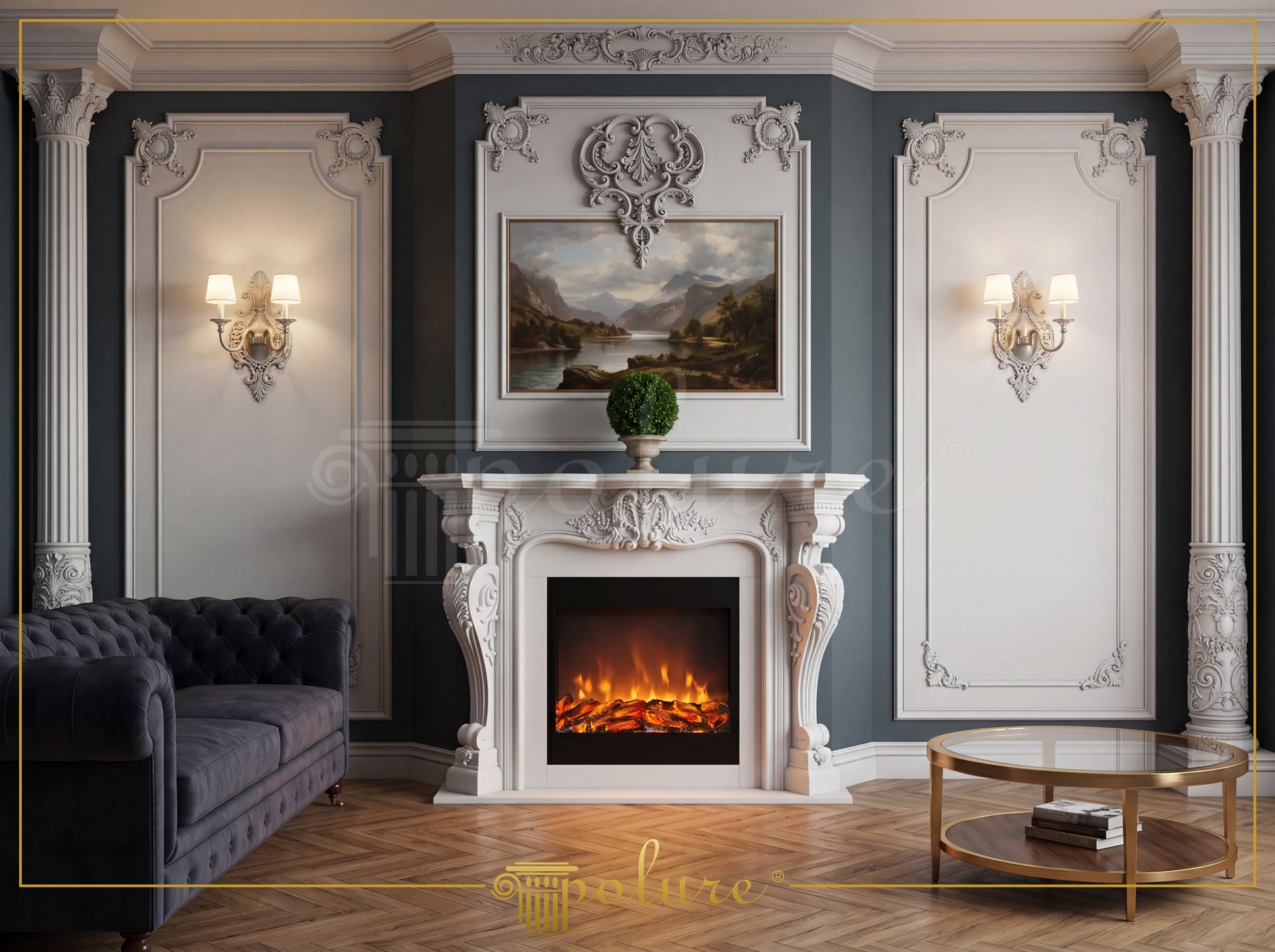 Salone classico con pareti scure, camino in poliuretano bianco, colonne scanalate e pannelli decorativi a parete.