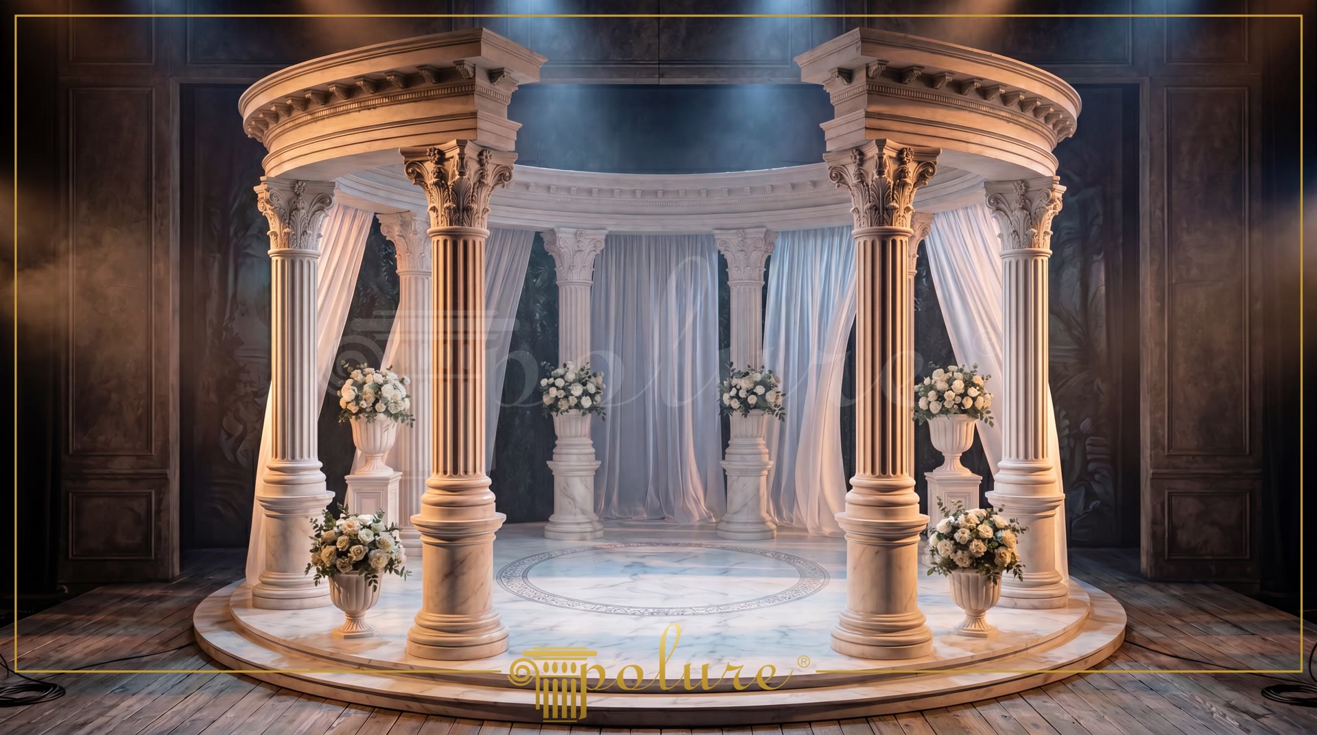 White polyurethane columns in a semi-circular layout with Corinthian capitals and draped curtains in the background.