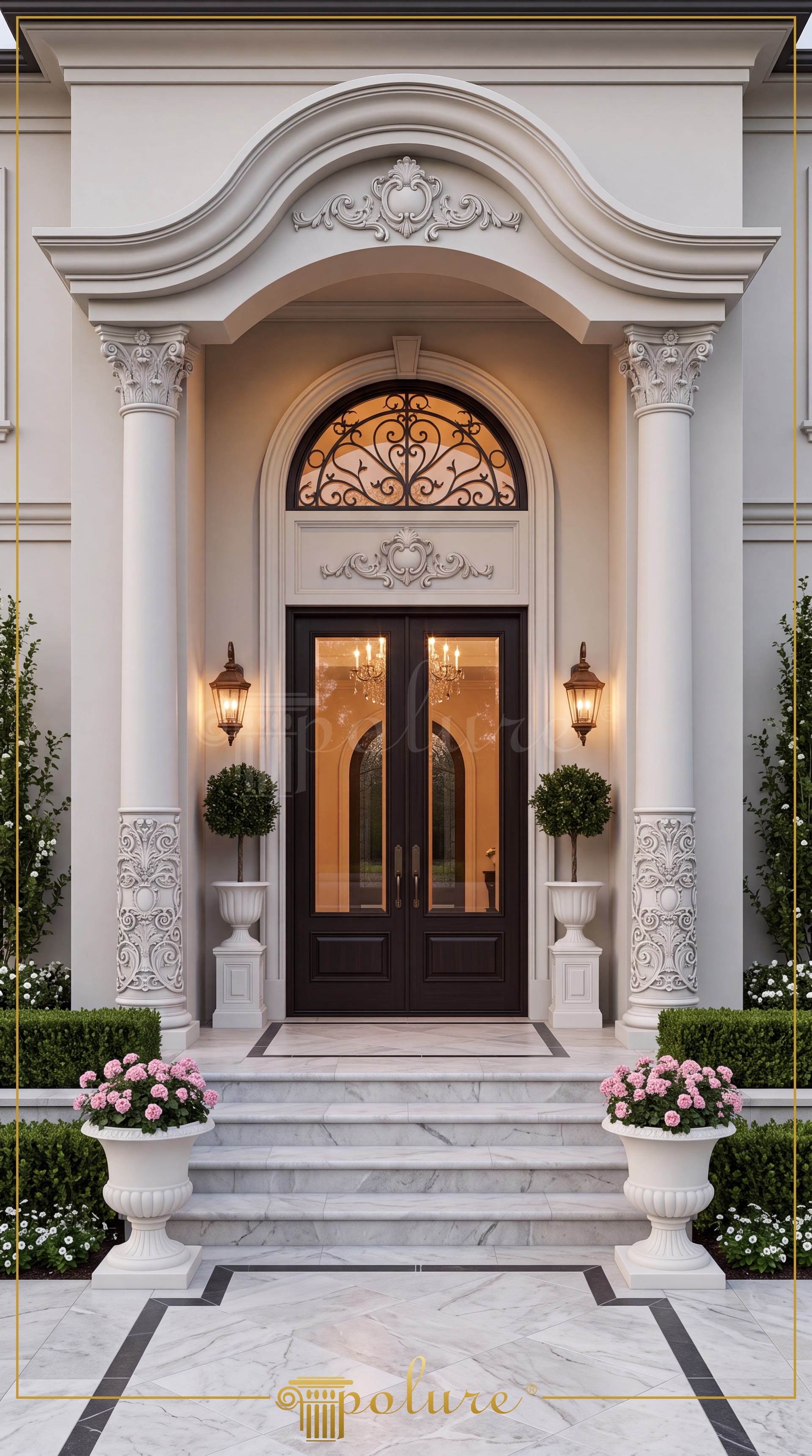 Neo-classical villa entrance door design adorned with Polure polyurethane columns and a decorative door pediment.