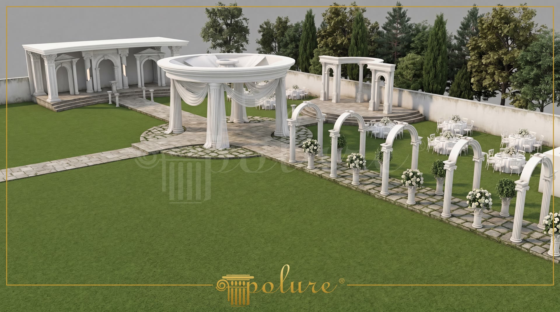 Sala matrimoni all'aperto su prato verde con colonne bianche in poliuretano, archi e un gazebo circolare classico.