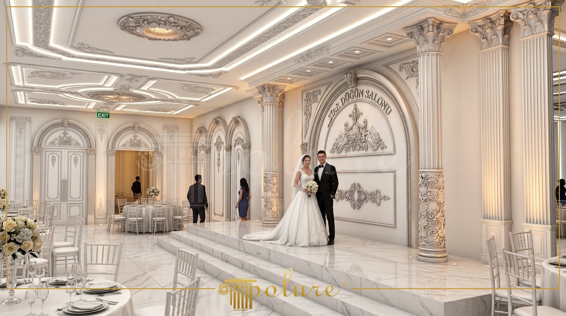 Beyaz poliüretan pilaster sütunlar ve kavisli duvar kemerleri ile dekore edilmiş klasik düğün salonu sahnesi.