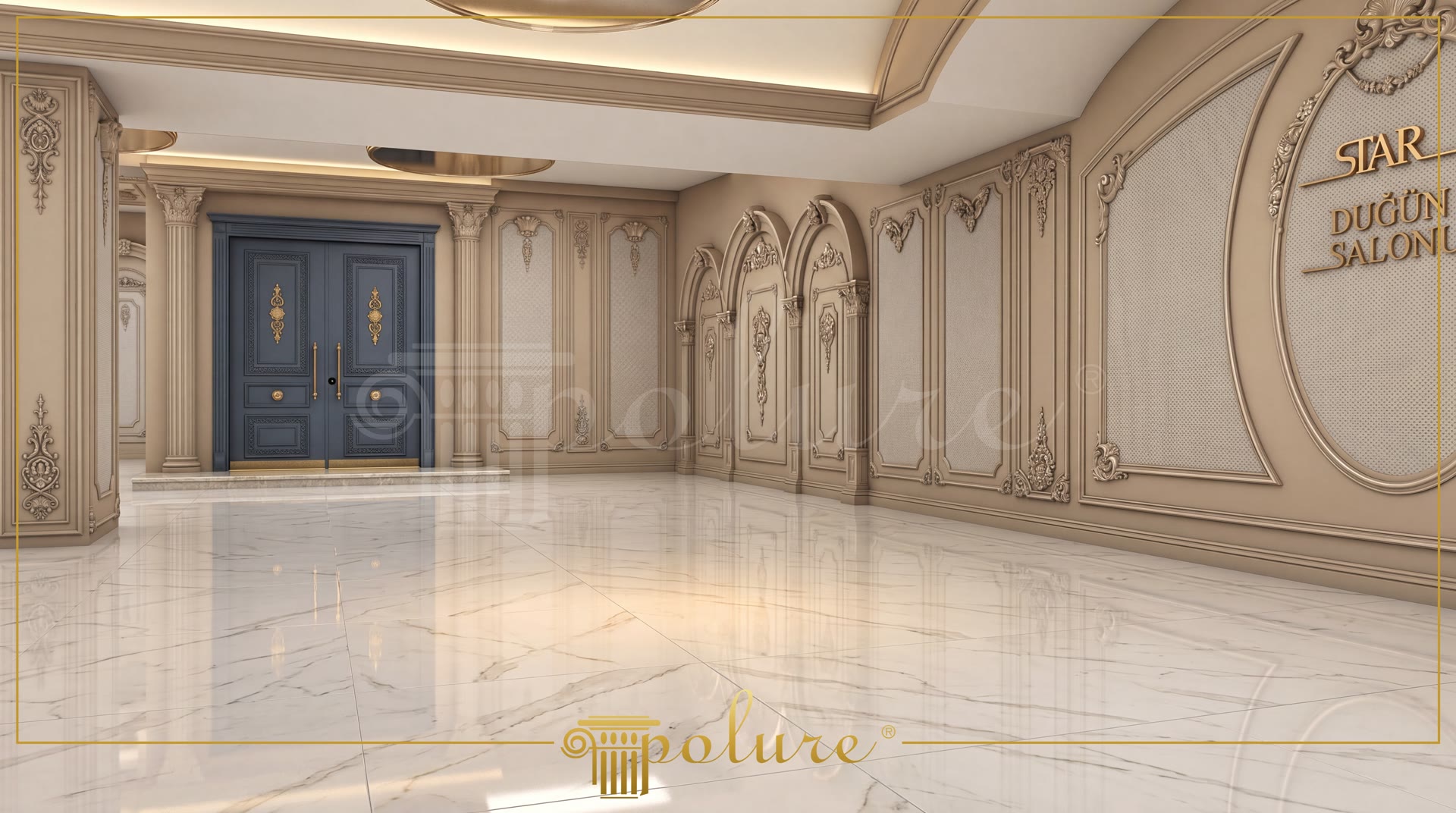 Ampio salone classico con pavimento in marmo, lesene in poliuretano e pannelli a parete con archi decorativi.