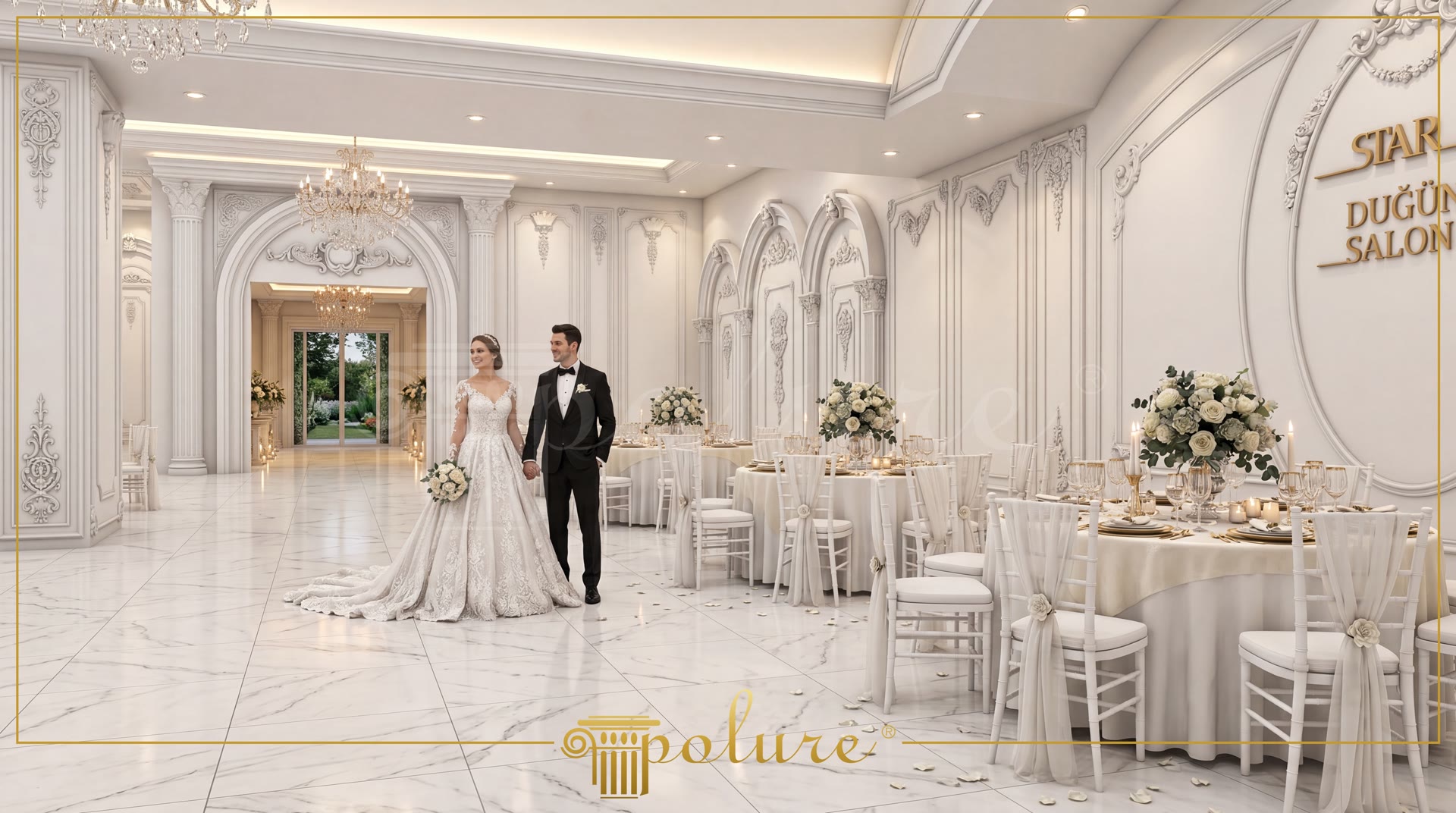 A classic white wedding hall interior beautifully decorated with polyurethane columns and elegant curved arches.