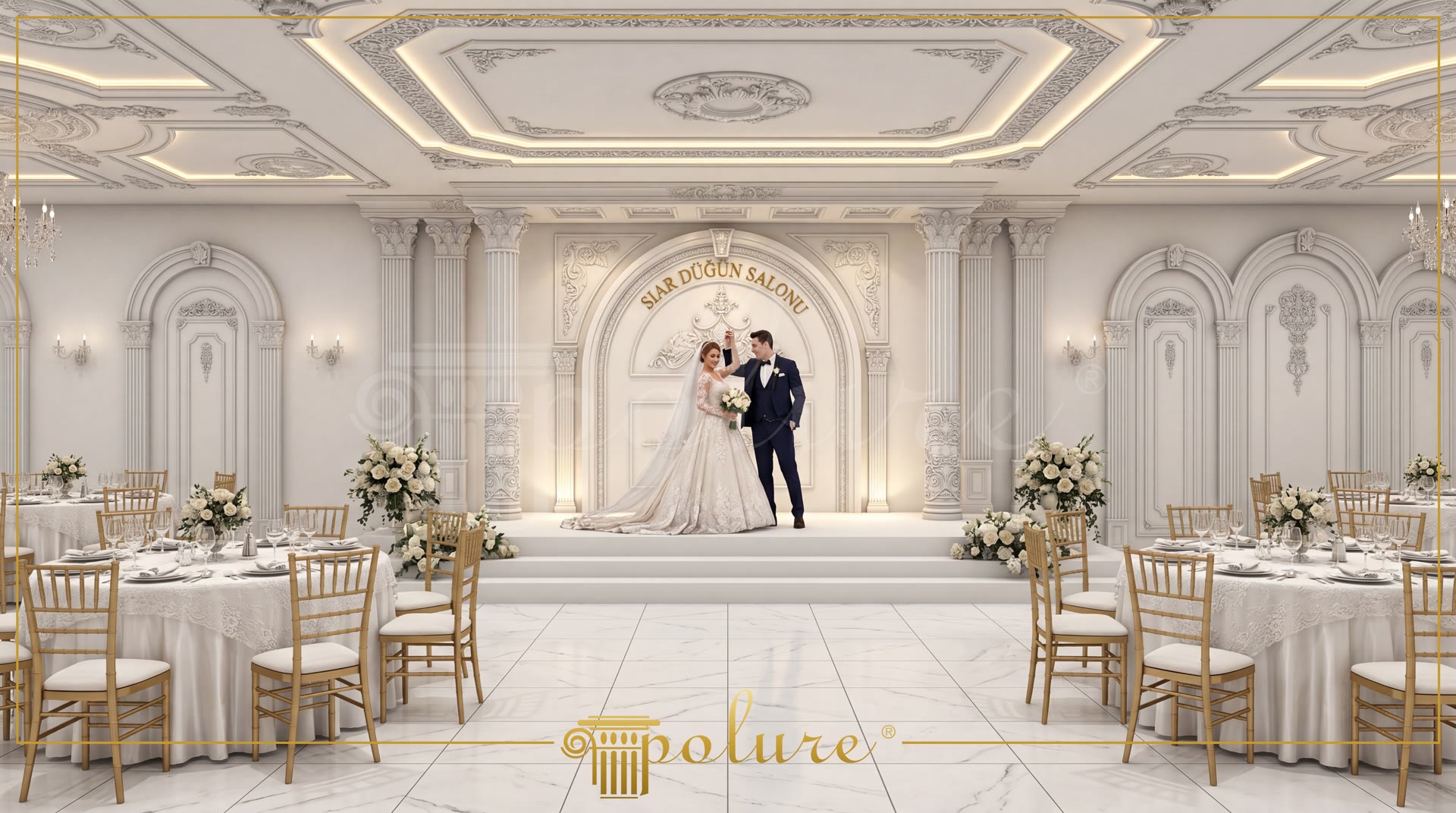 Poliüretan pilaster sütunlar ve dairesel kemer modelleriyle dekore edilmiş klasik tarzda lüks düğün salonu sahne tasarımı.