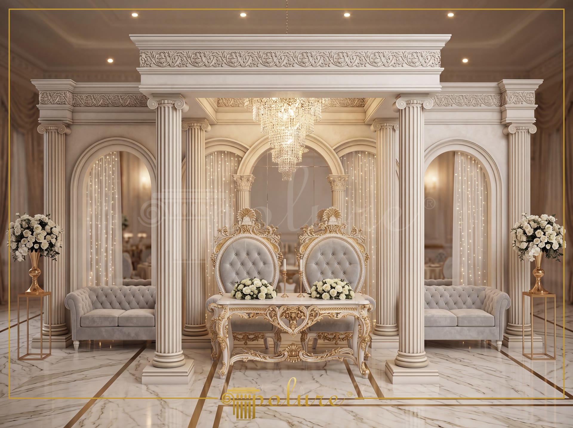 Classic wedding hall stage with gold and white polyurethane columns, curved arches, and carved moldings. Two throne chairs and floral arrangements.