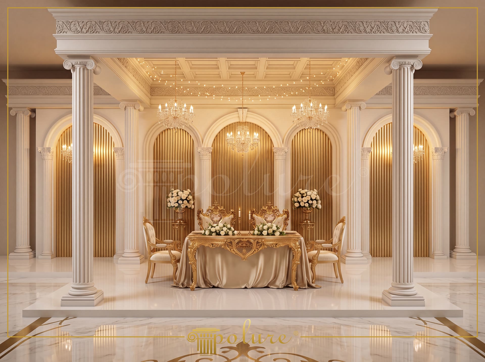 Salone di lusso in stile classico con colonne, archi e decorazioni a soffitto in poliuretano nei toni del bianco e oro.