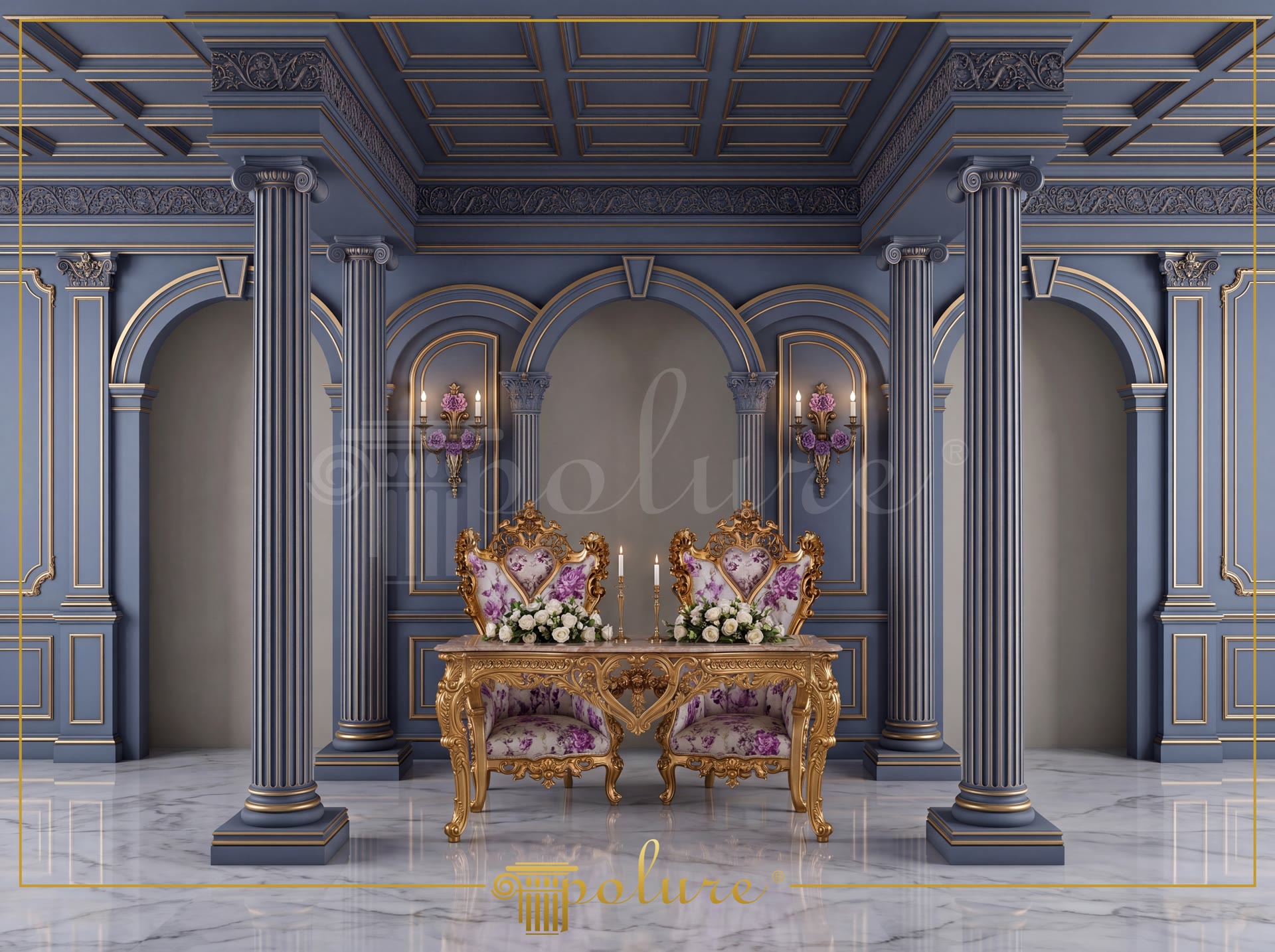 Elegante sala ricevimenti decorata con colonne in poliuretano blu e oro, nicchie ad arco e pannelli classici.