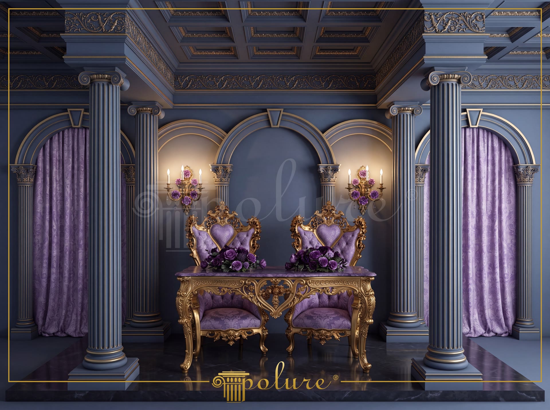 Decorazione classica in un salone blu con colonne in poliuretano, archi curvi dorati e divani viola eleganti.