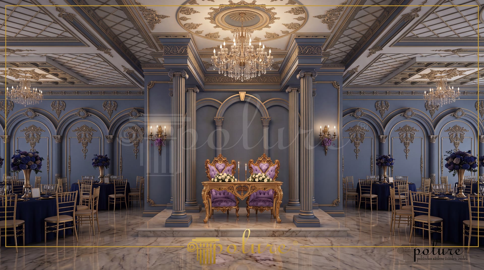 Colonne, archi e decorazioni dorate in poliuretano installate su pareti blu in una lussuosa sala ricevimenti classica.