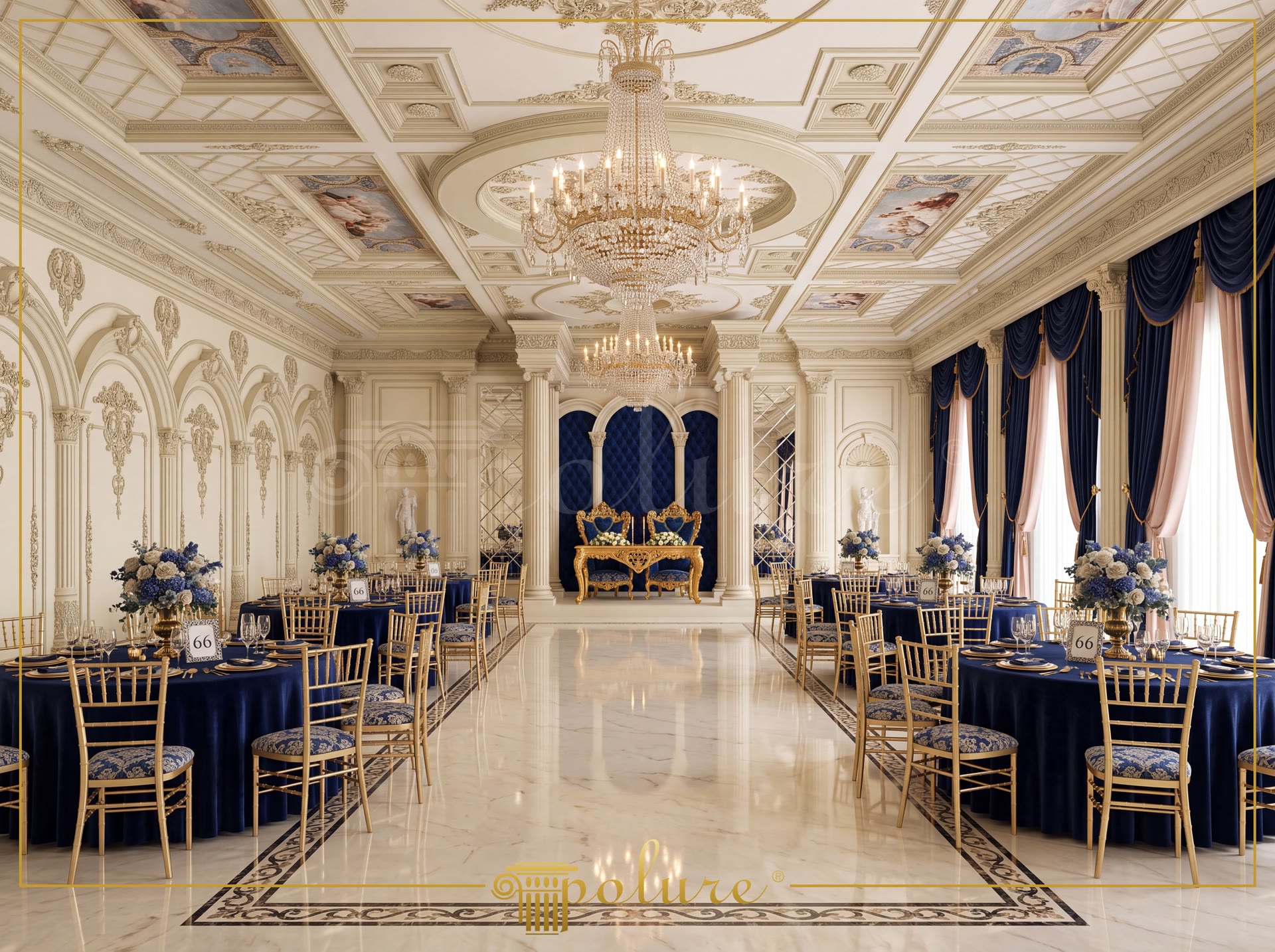 Interno di un lussuoso salone classico decorato con colonne, archi e cornici in poliuretano Polure.