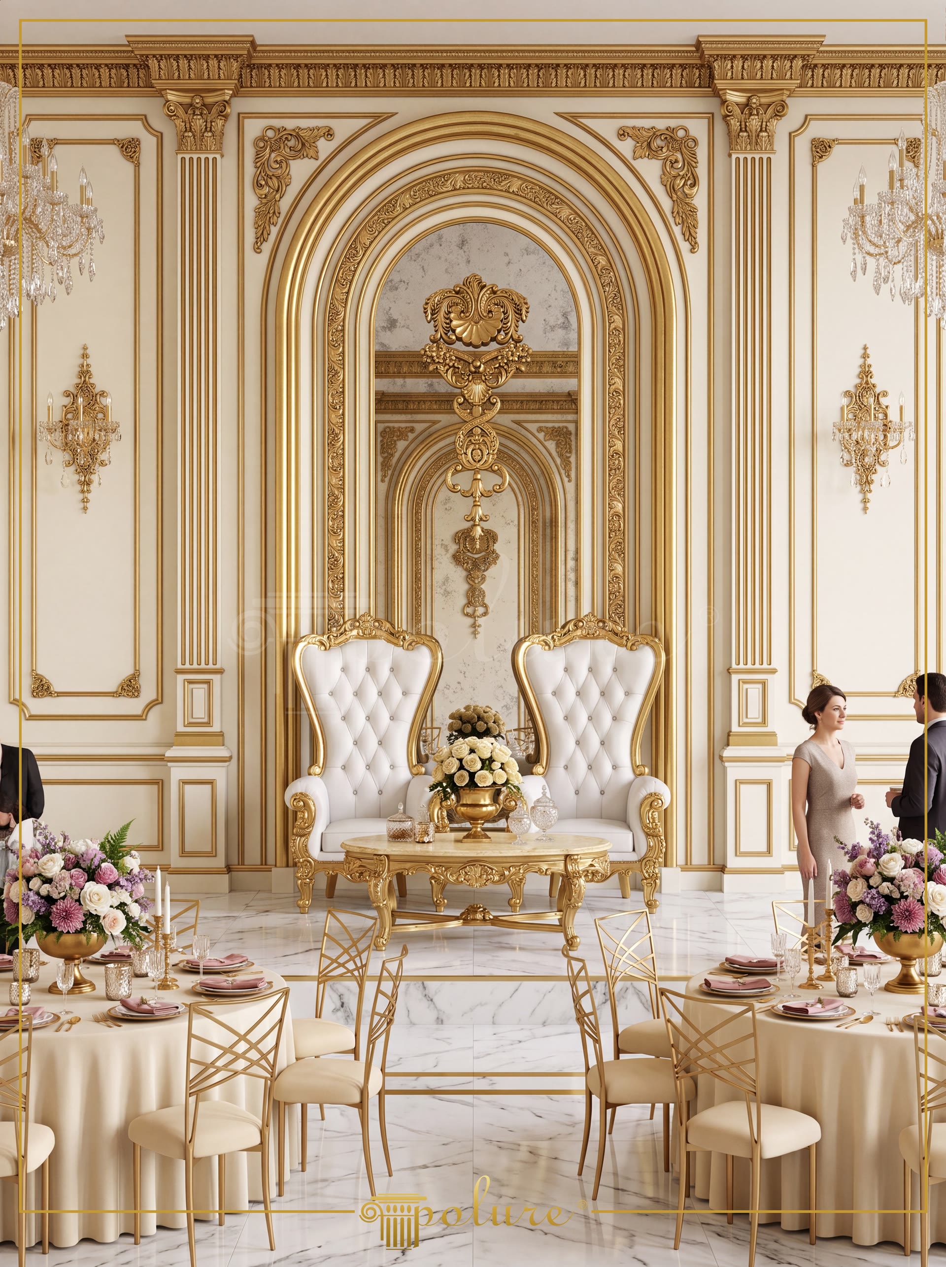 Classic wedding hall wall decoration featuring gold leaf polyurethane details, pilaster columns, and grand archways.