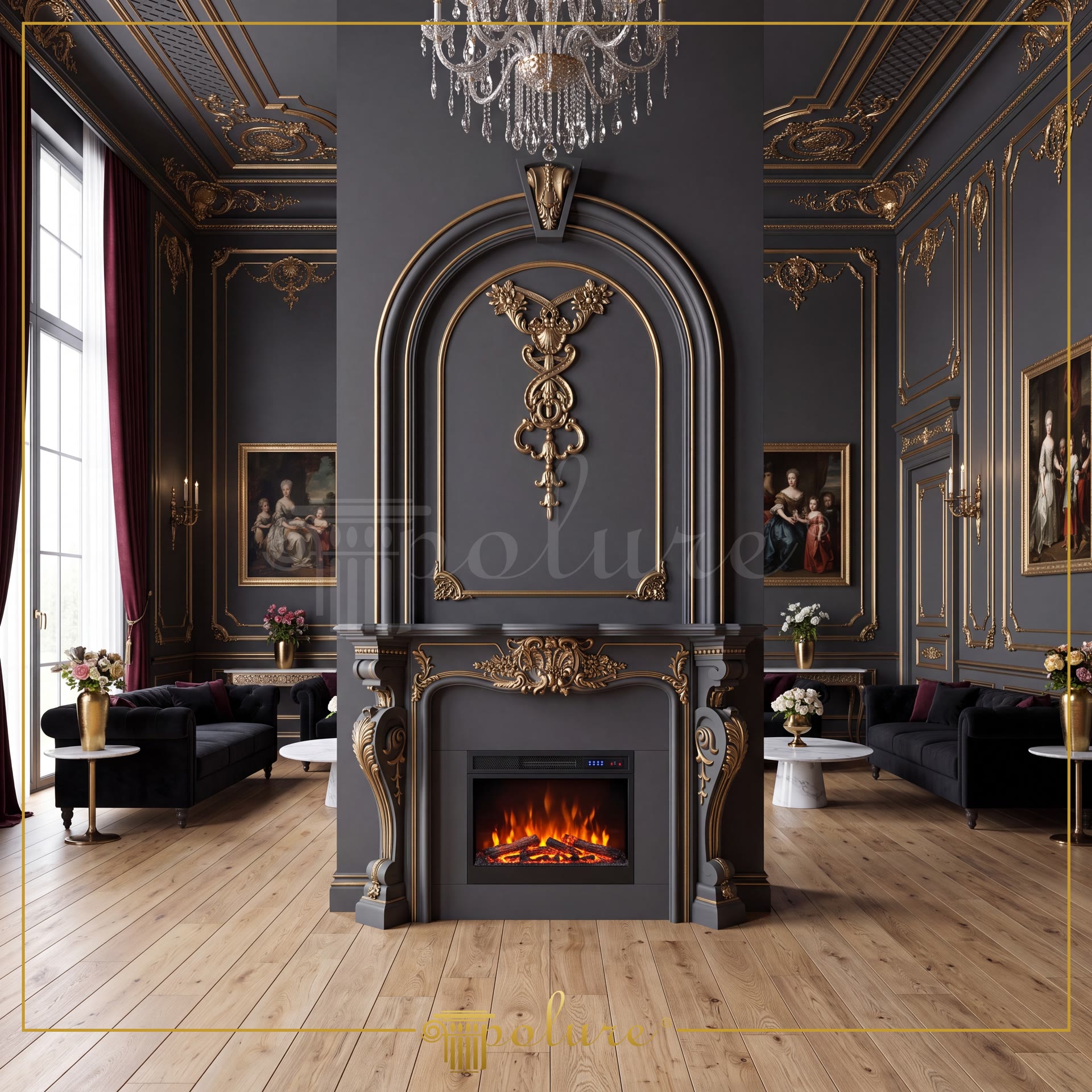 Interno salone classico con camino, pareti grigio scuro e decorazioni in poliuretano dorate. Atmosfera lussuosa e maestosa.