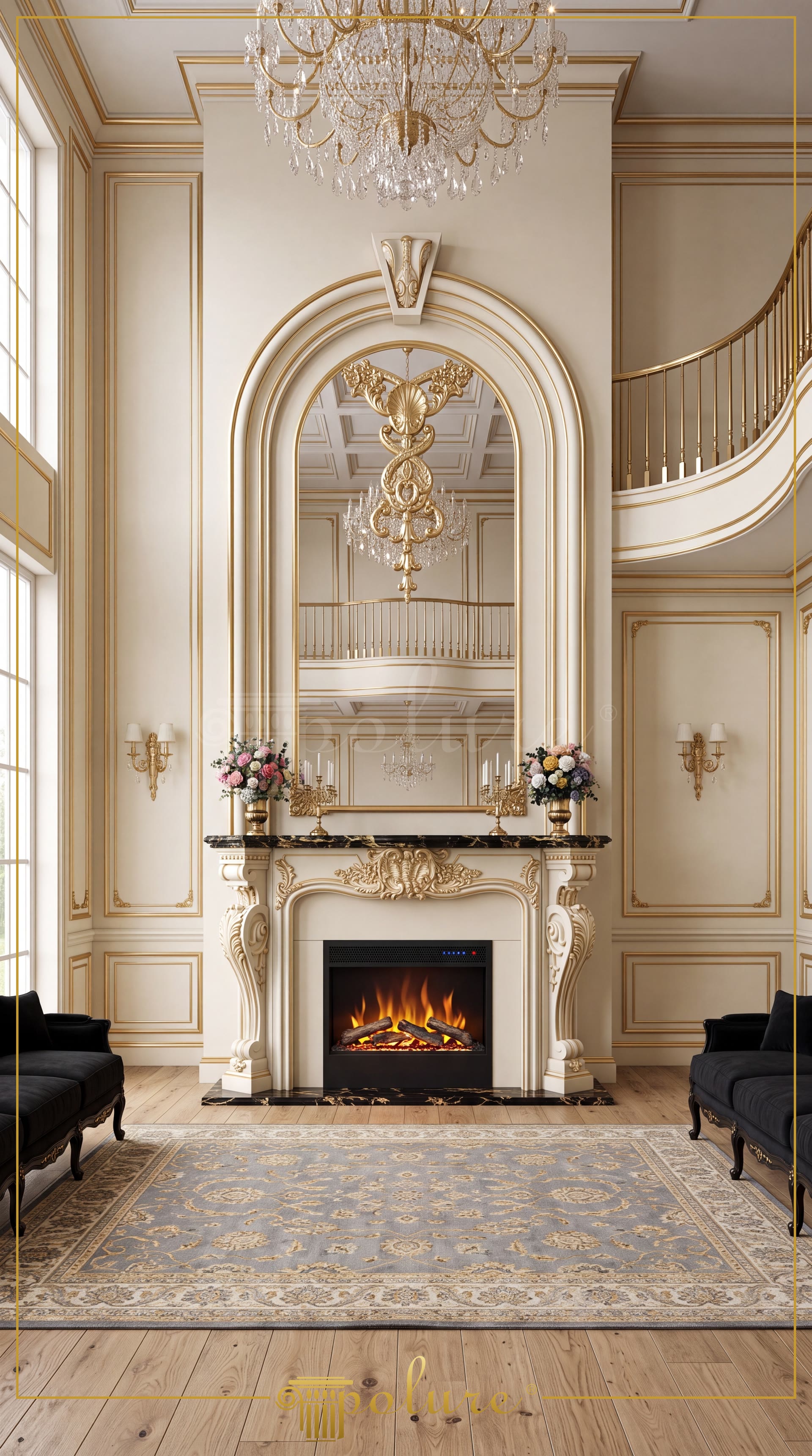 Decorazione salone con caminetto classico in poliuretano, arco a parete curvo, cornici e dettagli ornamentali in foglia d'oro.