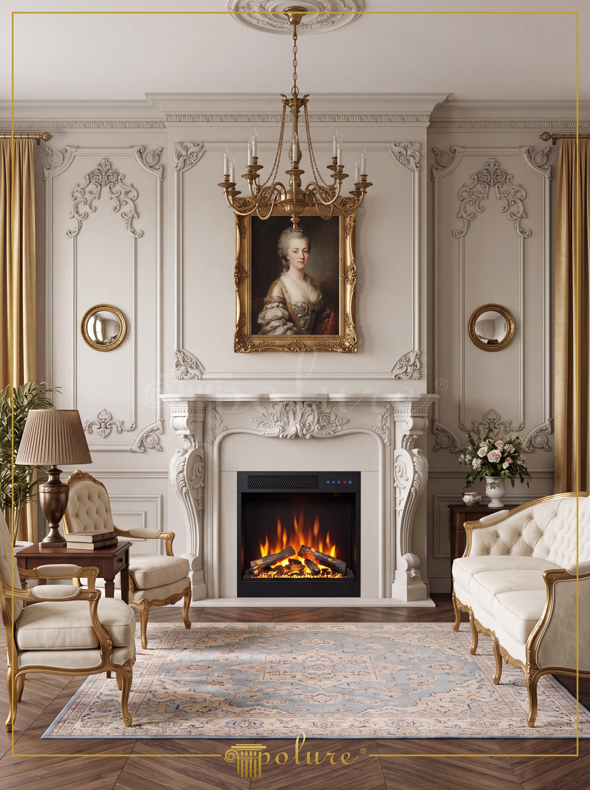 Salone di lusso decorato con camino in poliuretano, cornici classiche per pareti e accessori in foglia d'oro.