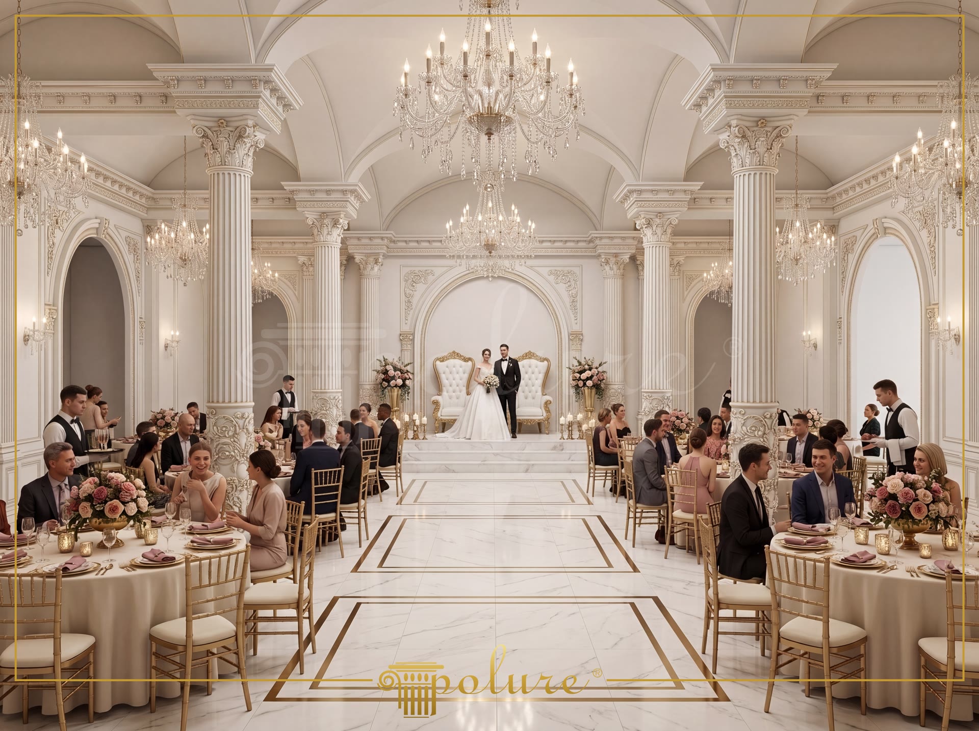 Interno lussuoso sala matrimoni in stile classico, decorata con prodotti Polure in poliuretano, toni bianco e oro. Sposi sul palco, invitati a tavoli rotondi.