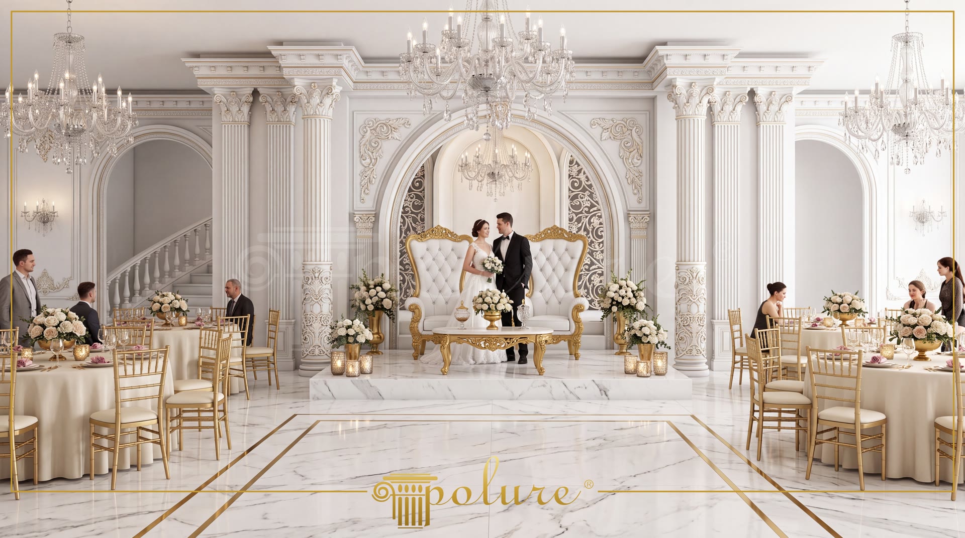 Interno lussuoso di una sala da matrimonio in bianco e oro con colonne, archi e decorazioni in poliuretano Polure.