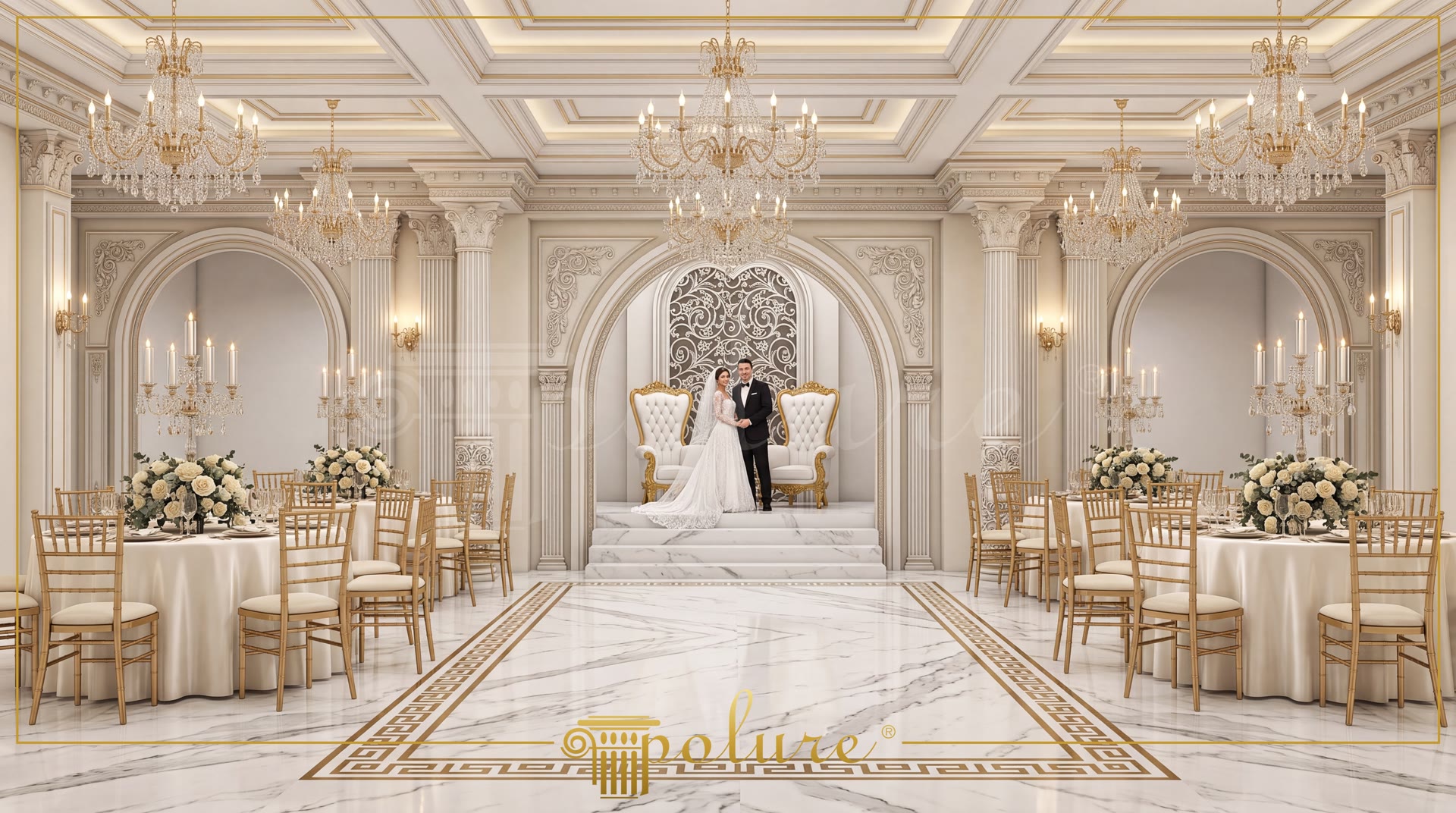 Sala ricevimenti classica in toni oro e bianco con lampadari di cristallo, colonne e decorazioni in poliuretano Polure.