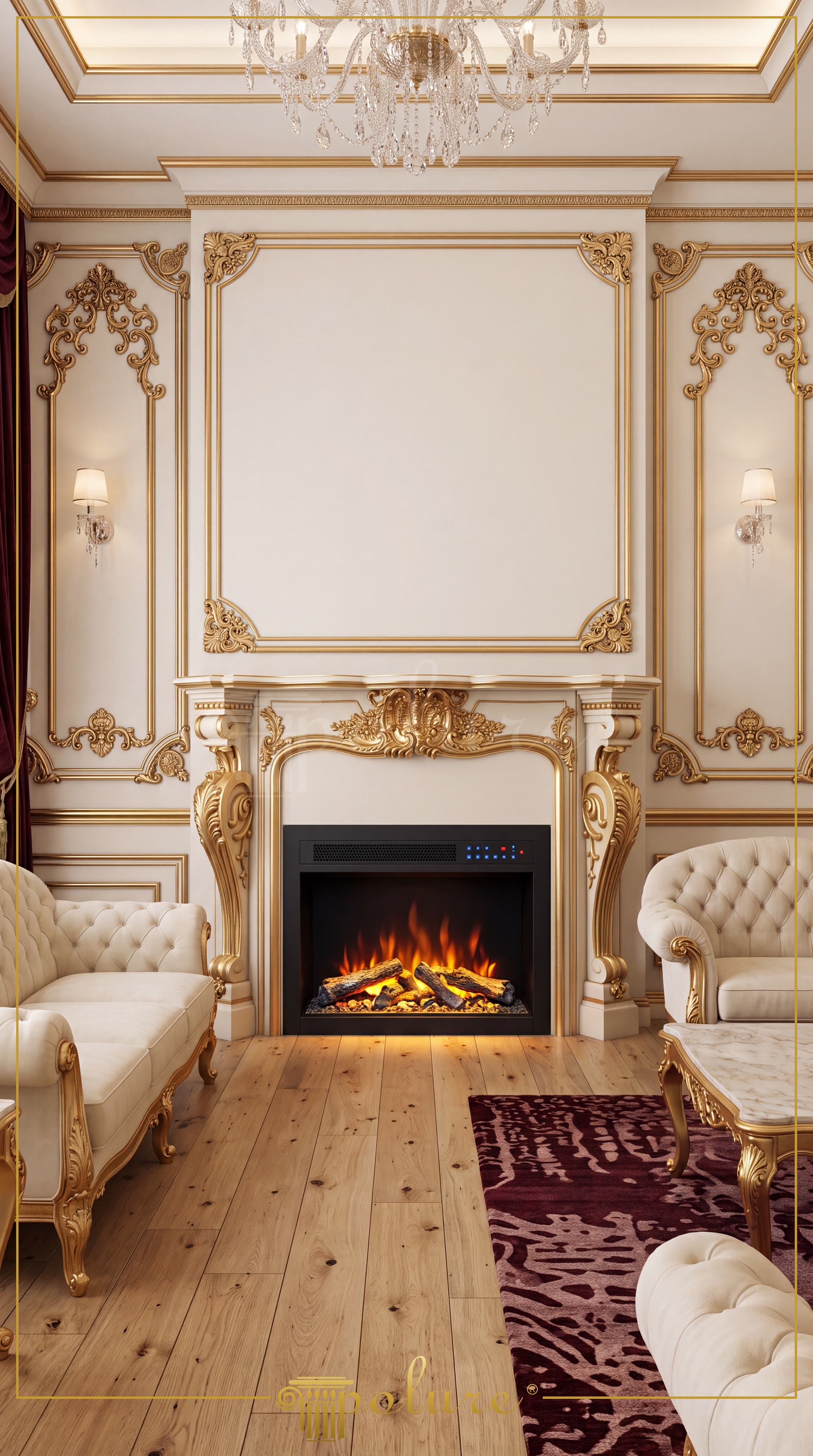 Design di salone classico e lussuoso, decorato con camino in poliuretano e boiserie con dettagli in foglia d'oro.