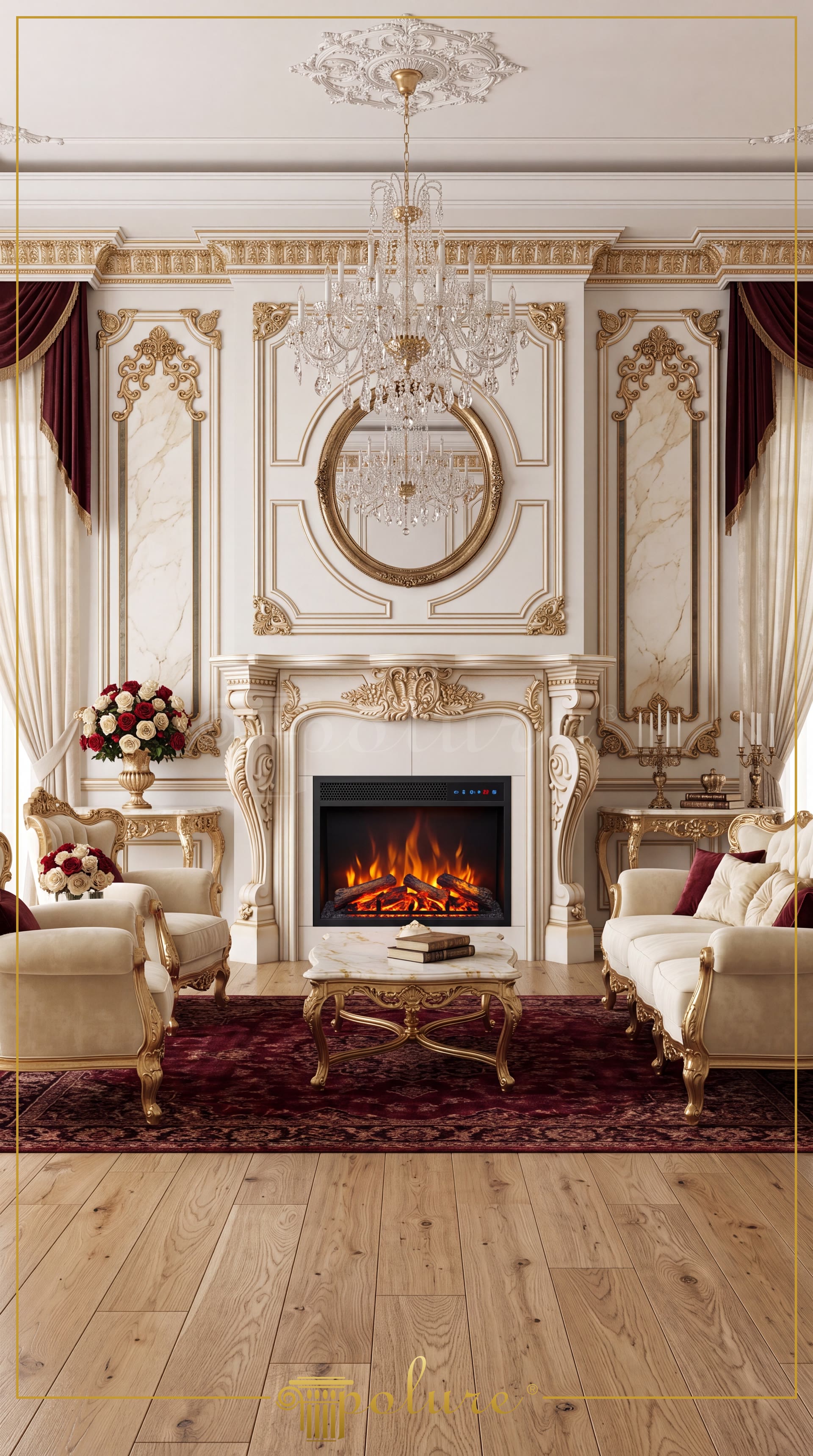 Salone classico decorato con toni oro e crema. Interno lussuoso con pannelli murali in poliuretano, camino intagliato e lampadario di cristallo.