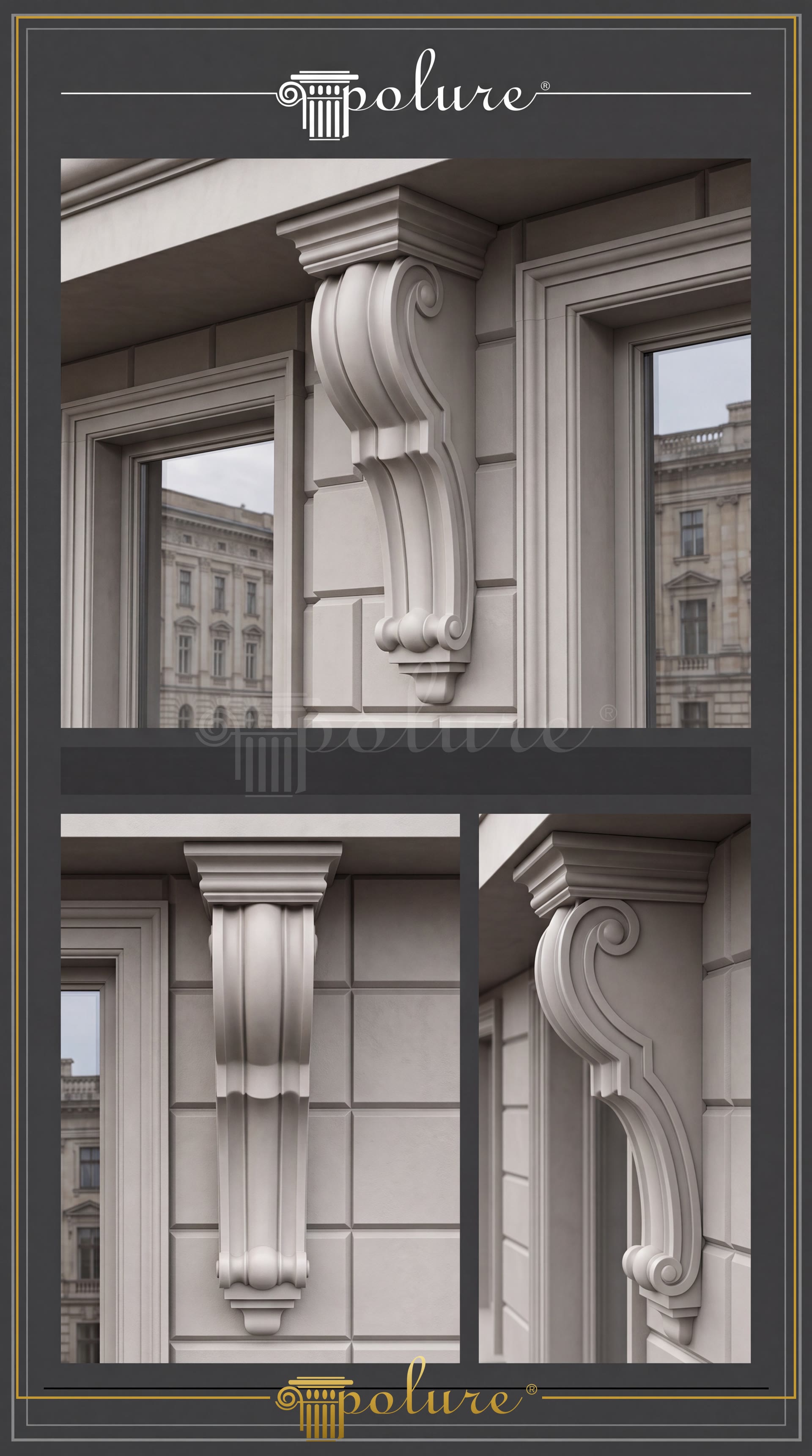 P6041 curved polyurethane corbel model installed on a classical exterior window header and under-eave facade.