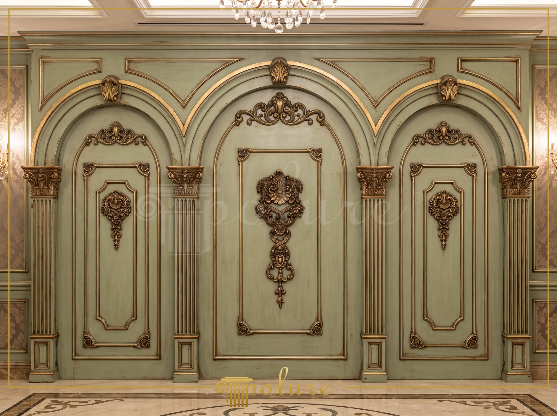 Design neoclassico per pareti con archi, lesene e cornici in poliuretano con patina dorata su fondo verde.