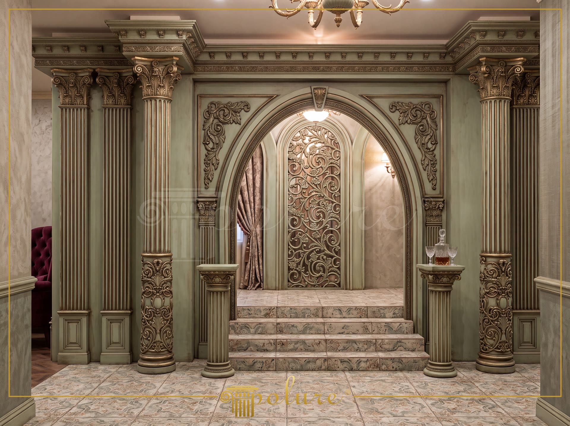 Rivestimento parete neoclassico con colonne in poliuretano verdi e oro, arco flessibile e pannello decorativo.