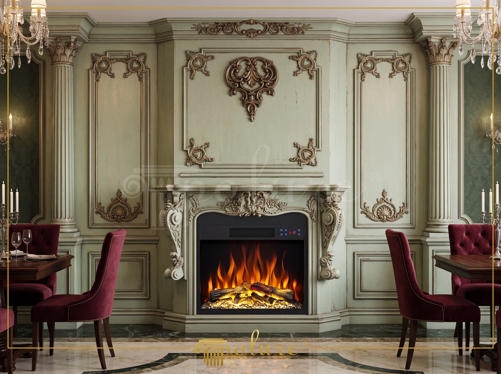 Portale per camino in poliuretano, modanature e colonne decorative applicate su pannelli murali classici di colore verde.