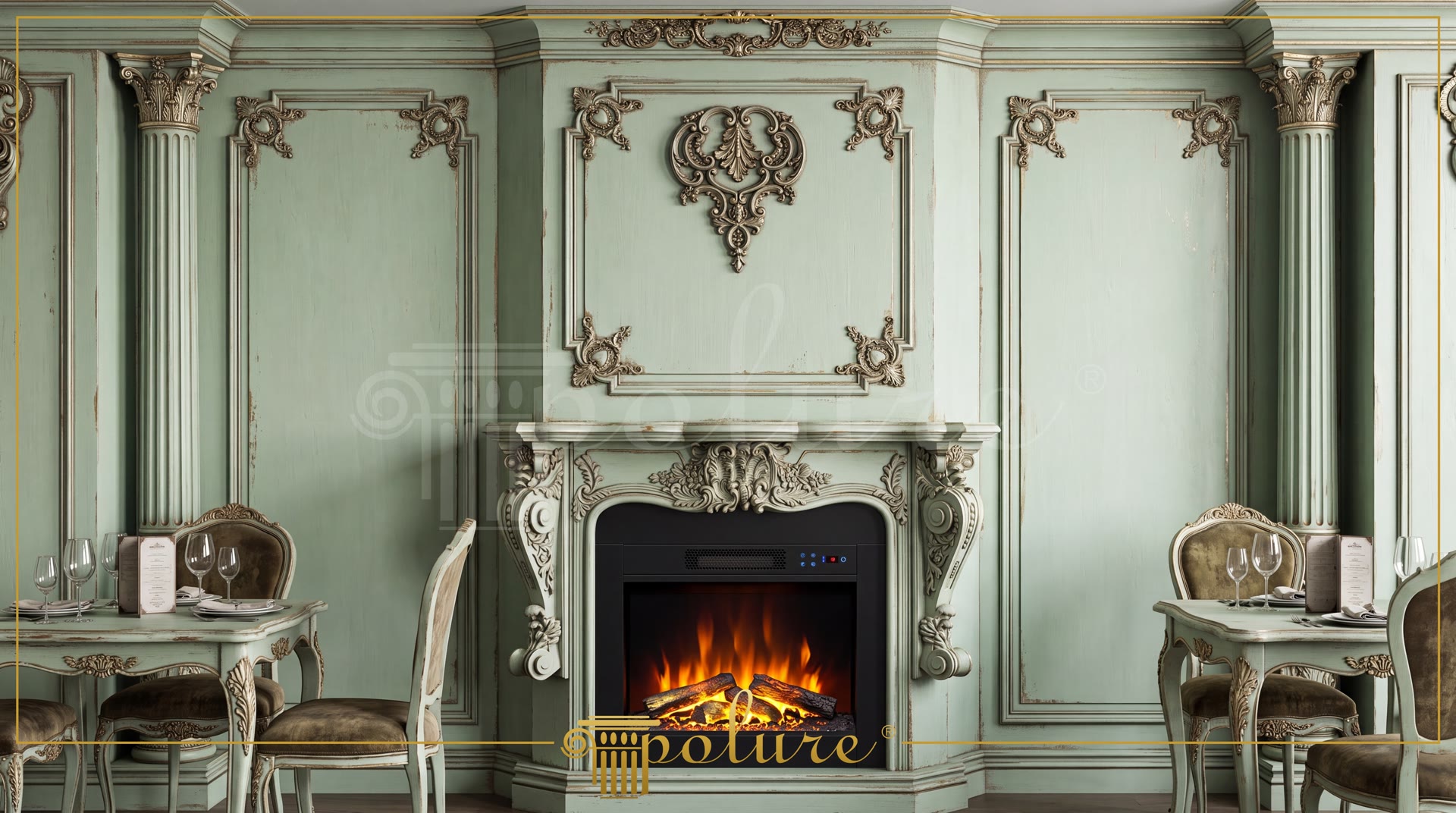 Interno di un salone neoclassico verde menta decorato con camino in poliuretano, colonne scanalate e modanature.