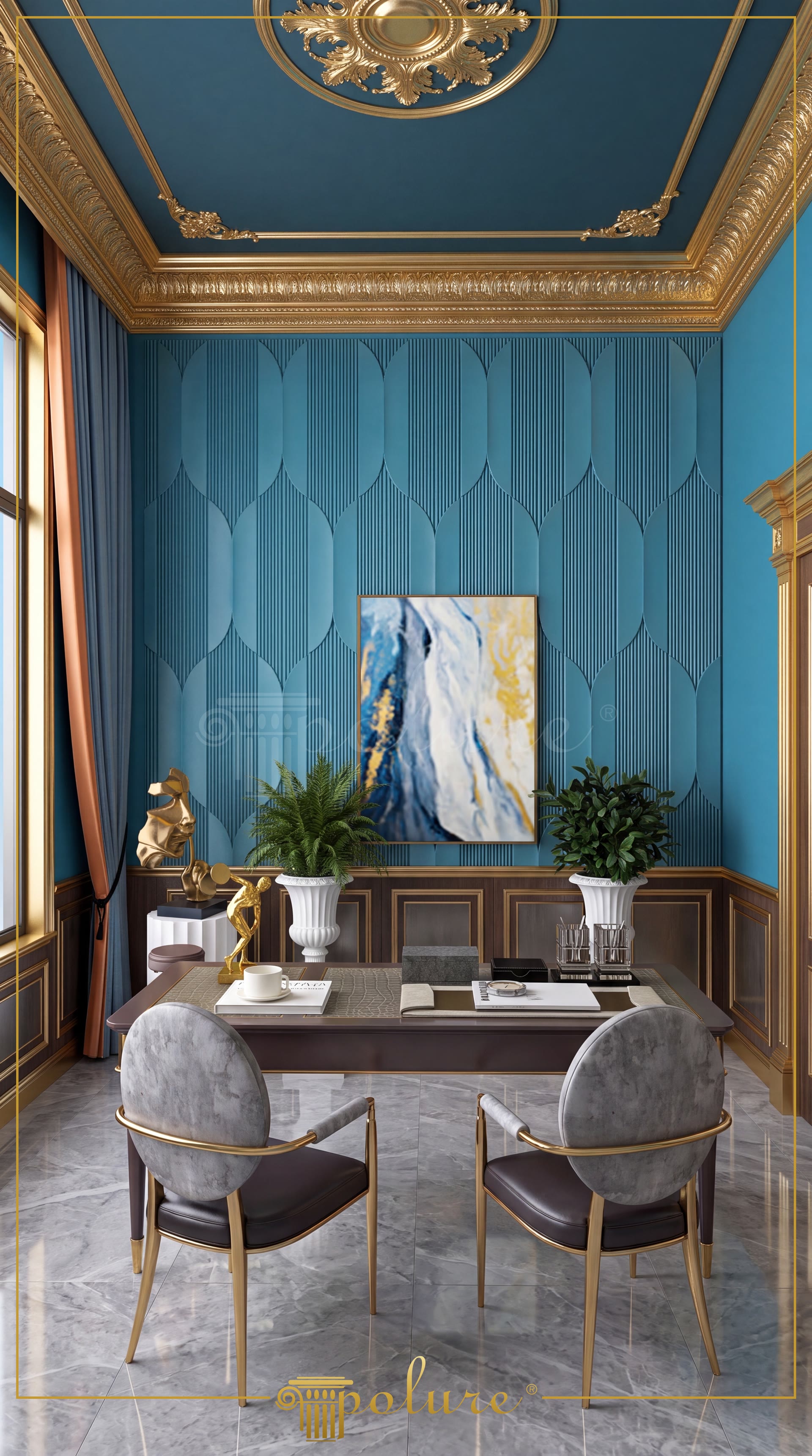 Ufficio di lusso in stile classico con pareti decorate da pannelli in poliuretano blu e dettagli dorati.