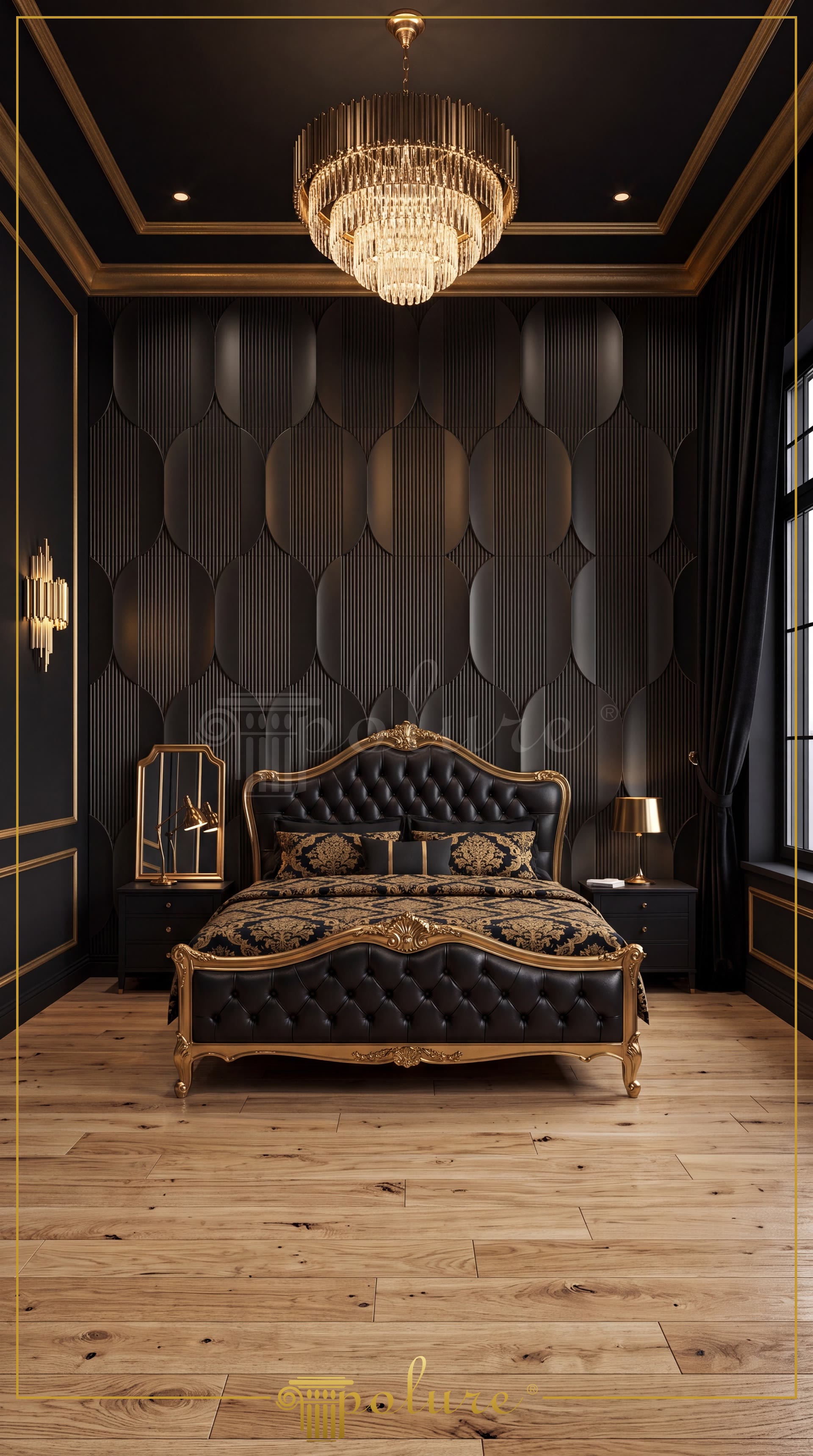 Letto classico in foglia d'oro davanti a una parete rivestita con pannelli decorativi in poliuretano nero P312020.