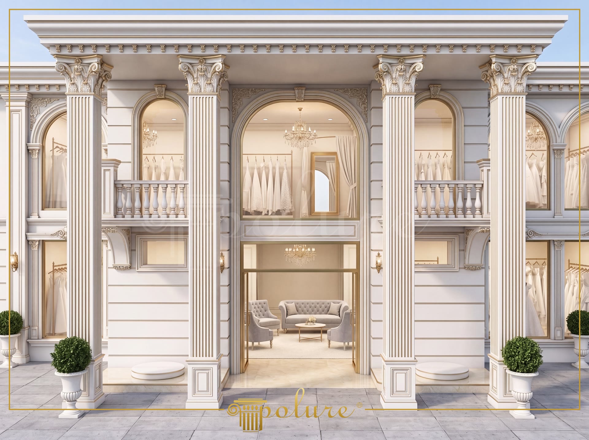 Bridal boutique exterior facade featuring a classic design with white and gold polyurethane pilaster columns, architraves, and arches.