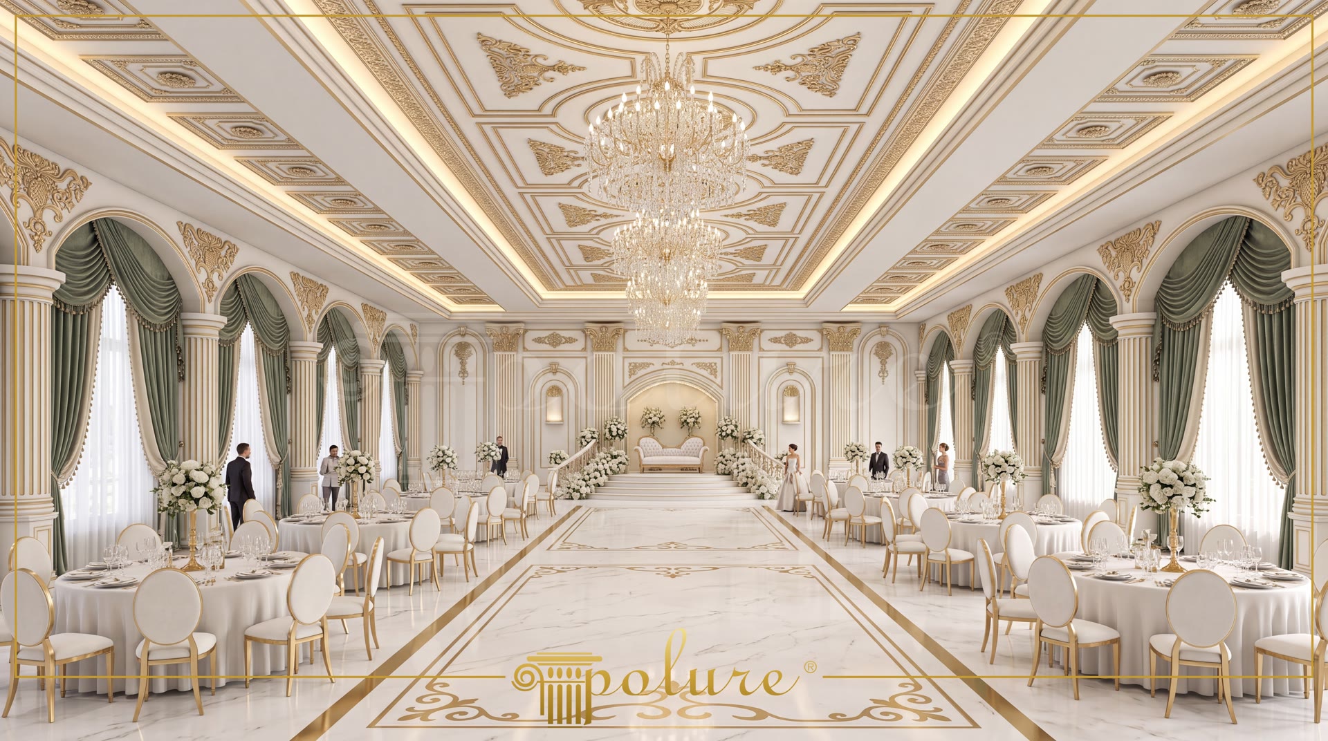 Luxury classic wedding hall decorated with polyurethane columns, arched windows, and a gold leaf ceiling medallion.
