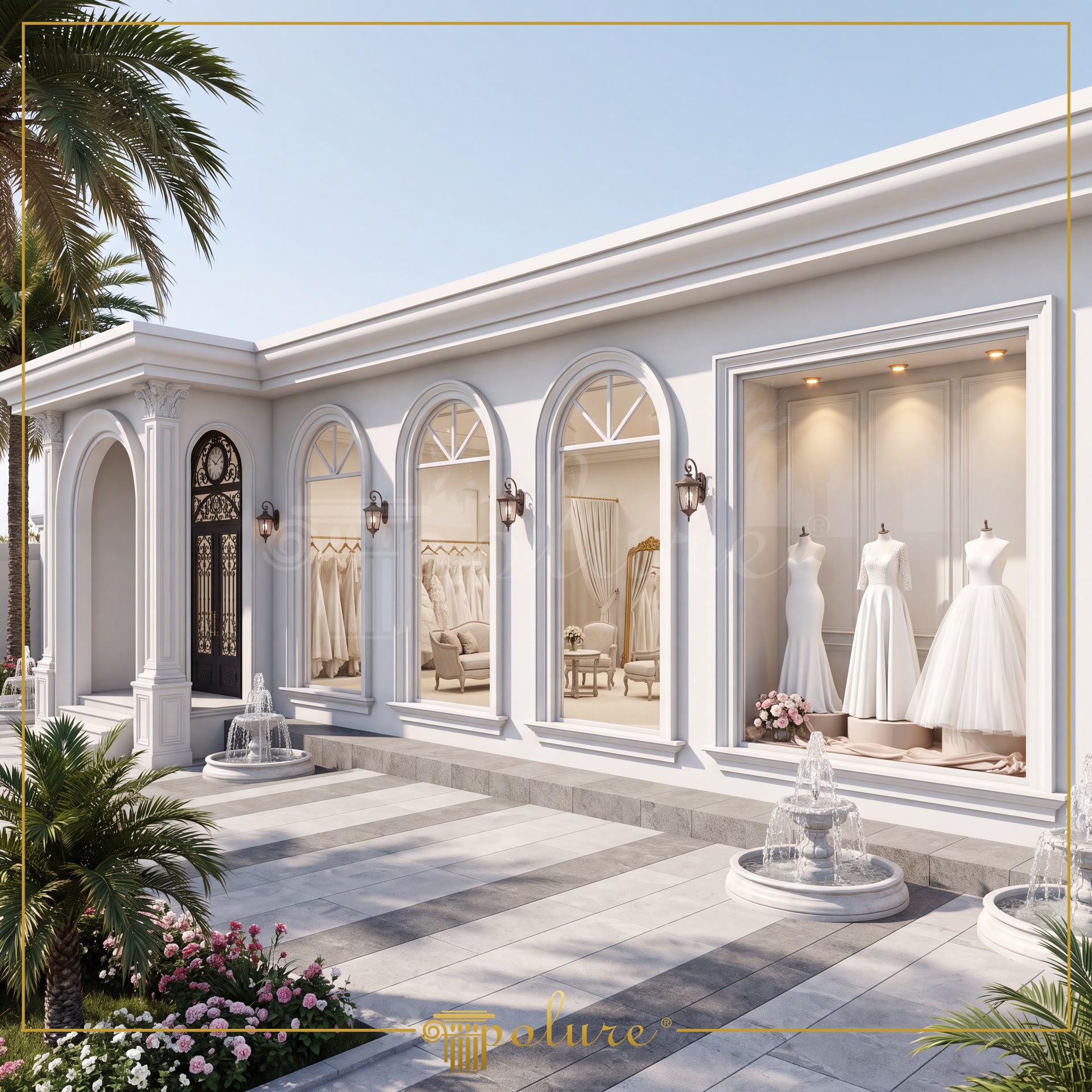 Facciata commerciale classica decorata con cornici per esterni, archi a tutto sesto e lesene decorative in poliuretano.