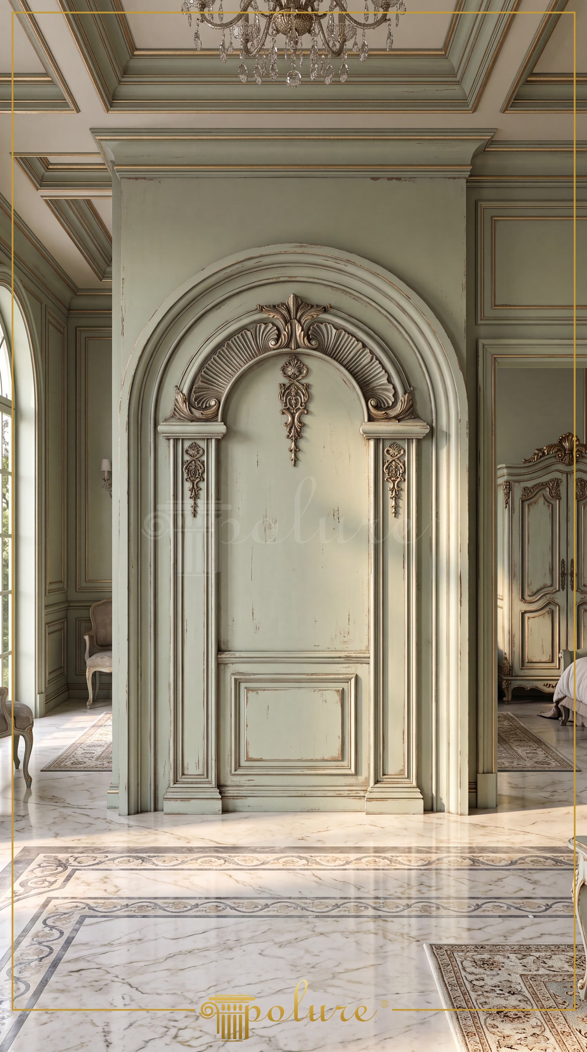 Klasik salon duvarında yeşil patina boyalı poliüretan kemer, söve ve motif süsleme uygulaması.