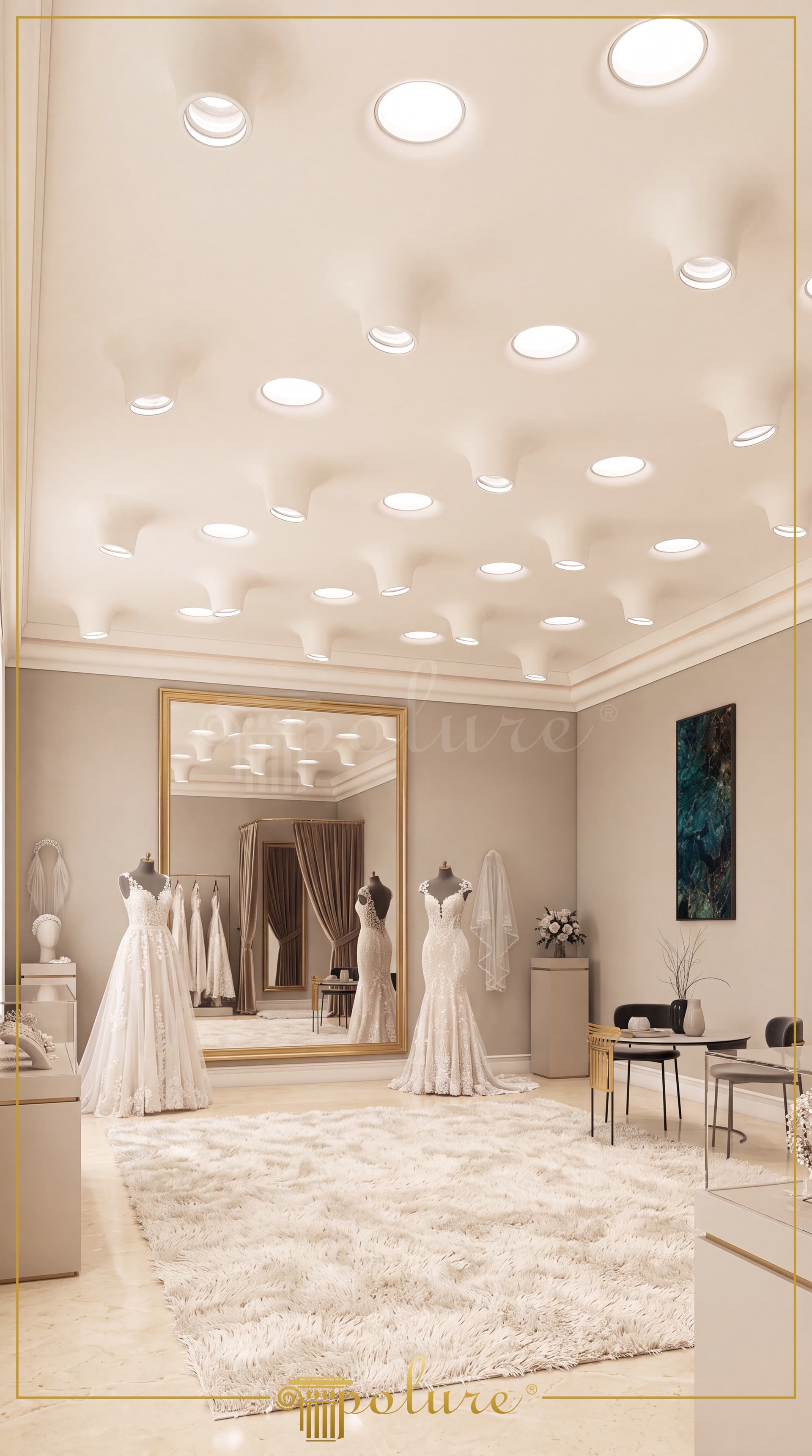 Poliüretan tavan armatür ve gizli ışık yuvaları ile tasarlanmış modern showroom tavan dekorasyonu