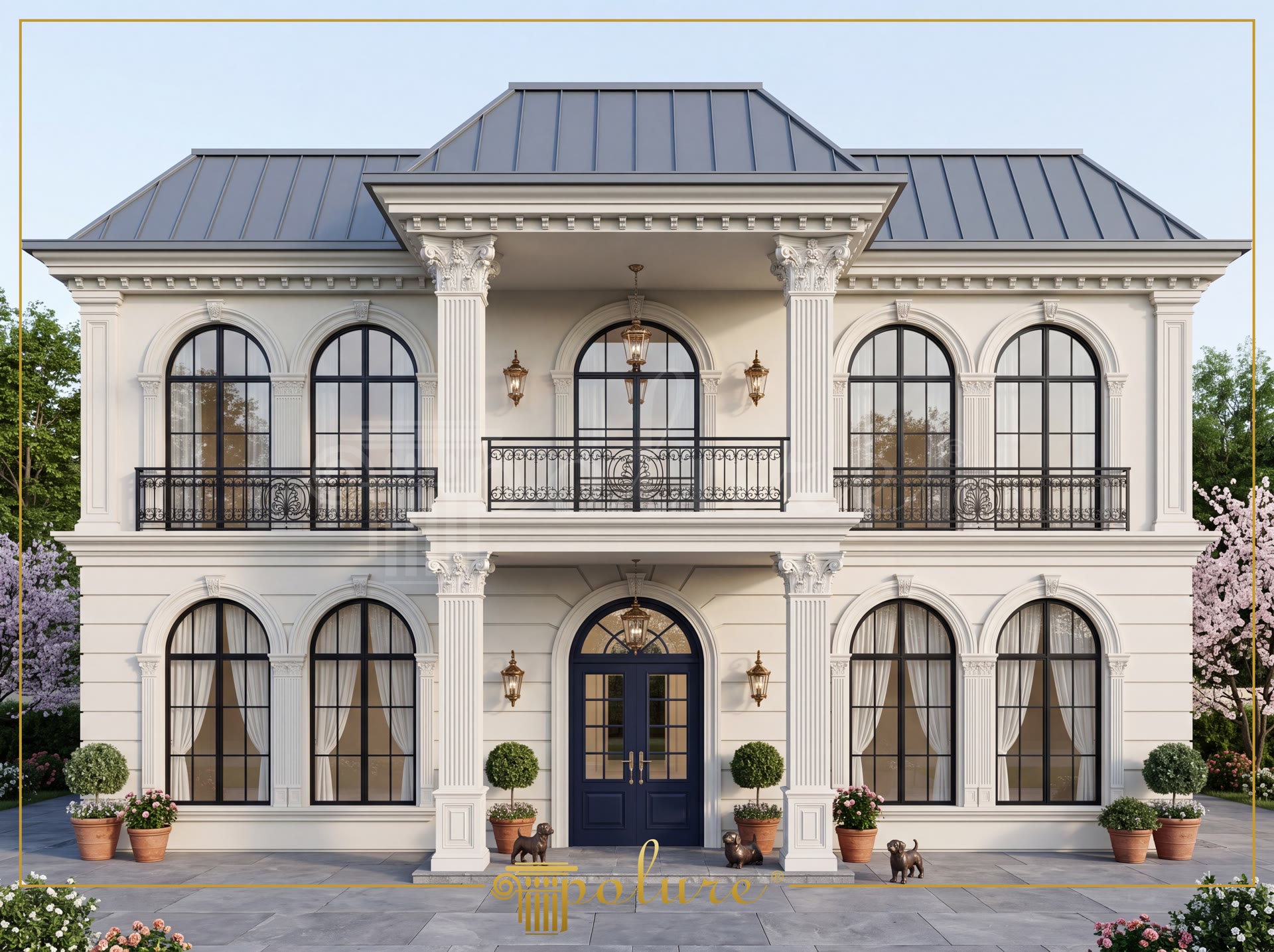 Görkemli iki katlı klasik villa dış cephesinde poliüretan kemerli söve, pilaster sütun ve dekoratif taç uygulaması.