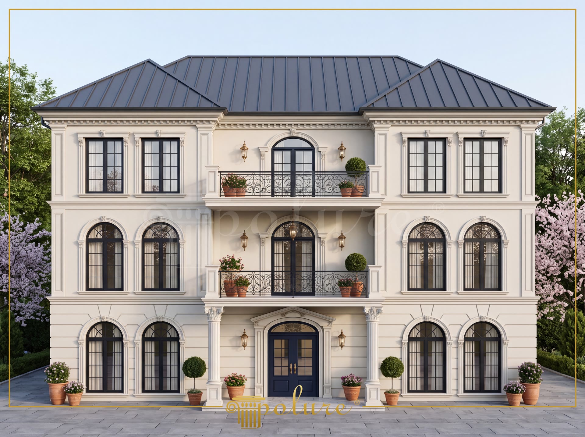 Poliüretan dış cephe söve, kavisli kemer ve pilaster sütun kaplamalı üç katlı klasik villa cephe tasarımı