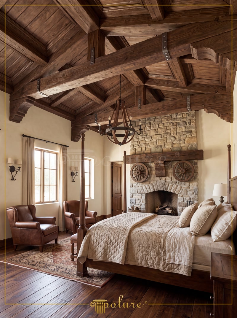 Rustic Bedroom Design with Decorative Polyurethane Ceiling Beams