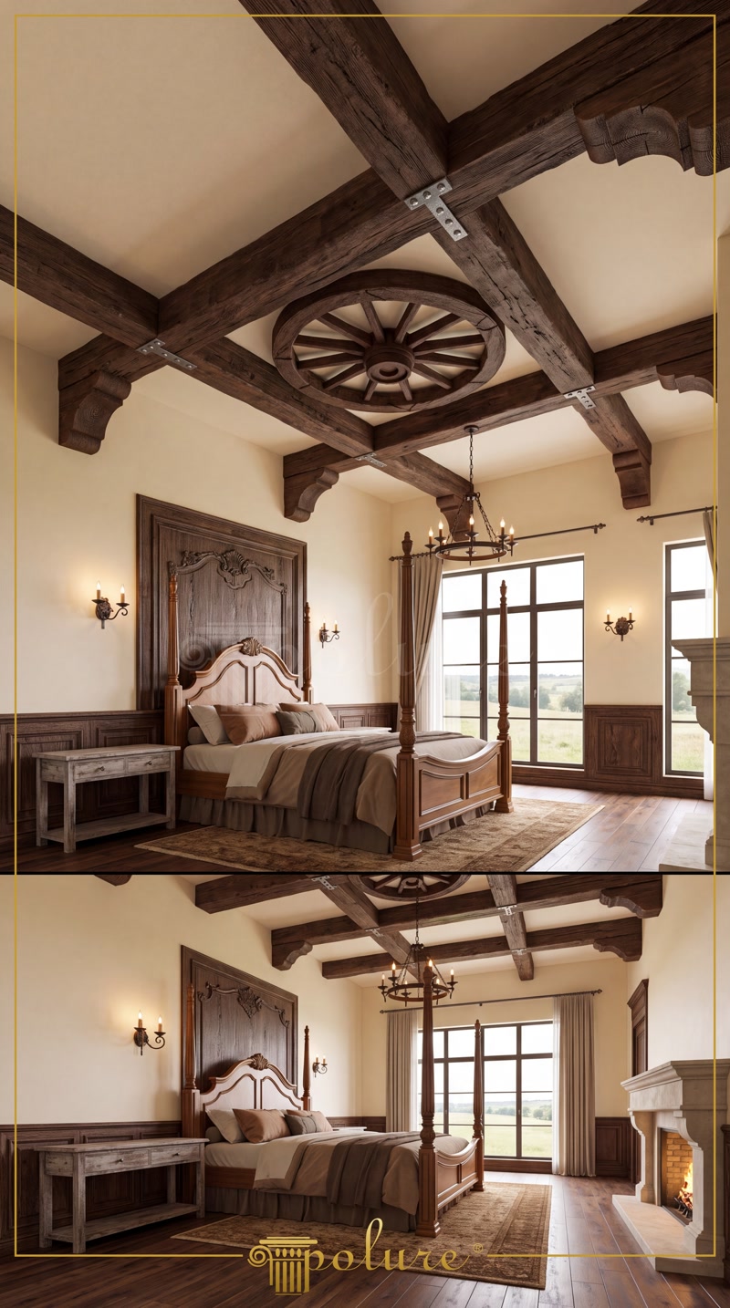 Rustic Ceiling Beams and Herringbone Wall Panel Bedroom
