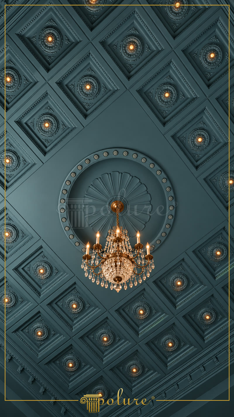 Soffitto a cassettoni e rosone decorativo in poliuretano