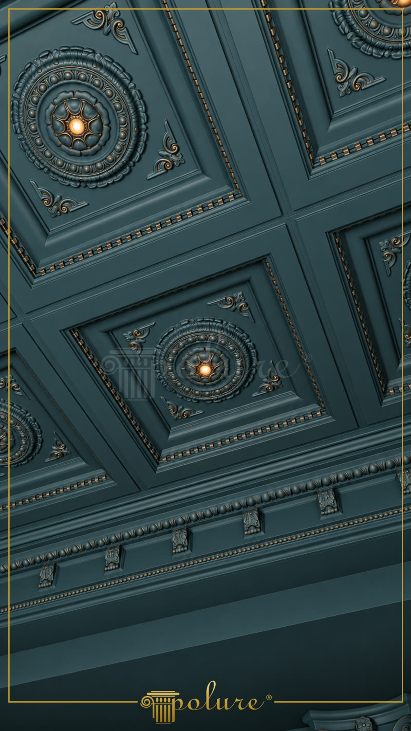 Soffitto a Cassettoni e Decorazione Classica del Soggiorno in Poliuretano