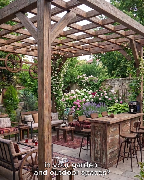 Travi della pergola e decorazione di piante rampicanti nell'area di seduta esterna